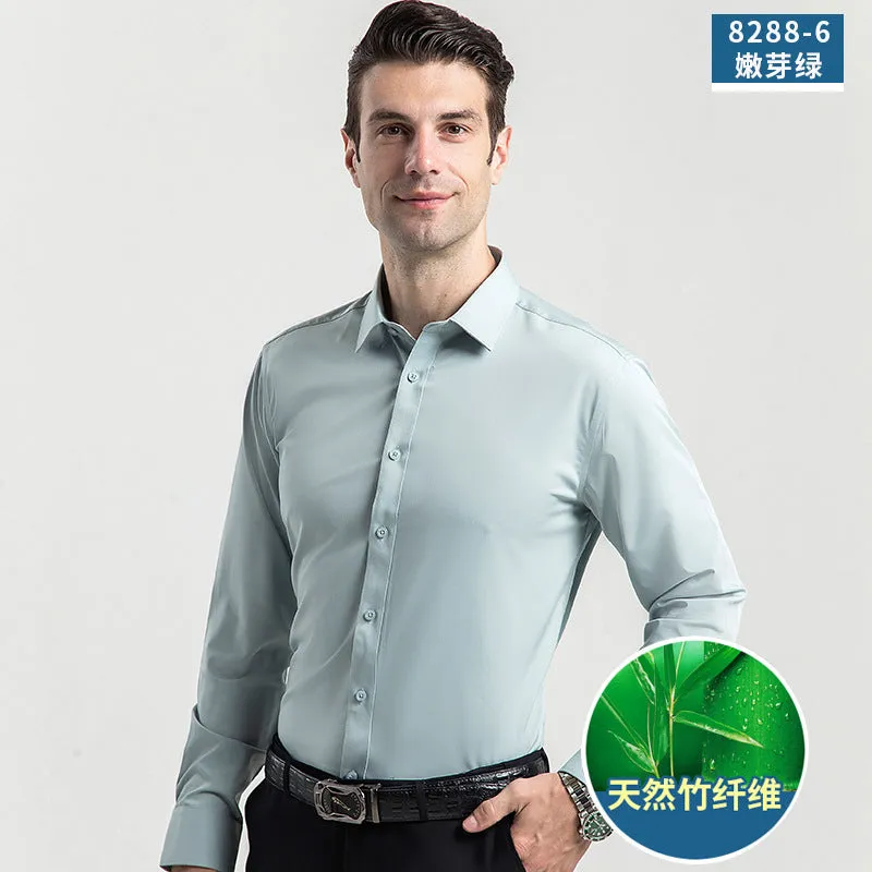 مجموعة أروين ARWEN& AJH GROUP 2024 New Bamboo Fiber Shirt Men's Business Business Wear Men's Long Sleeve Stretch Wrinkle Resistant Solid Color Dress Shirt