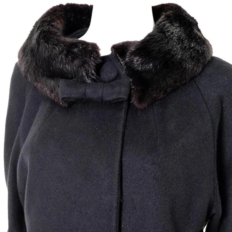 1960s Lilli Ann Black Wool Vintage Coat with Bow and Fur Cuffs Collar 6