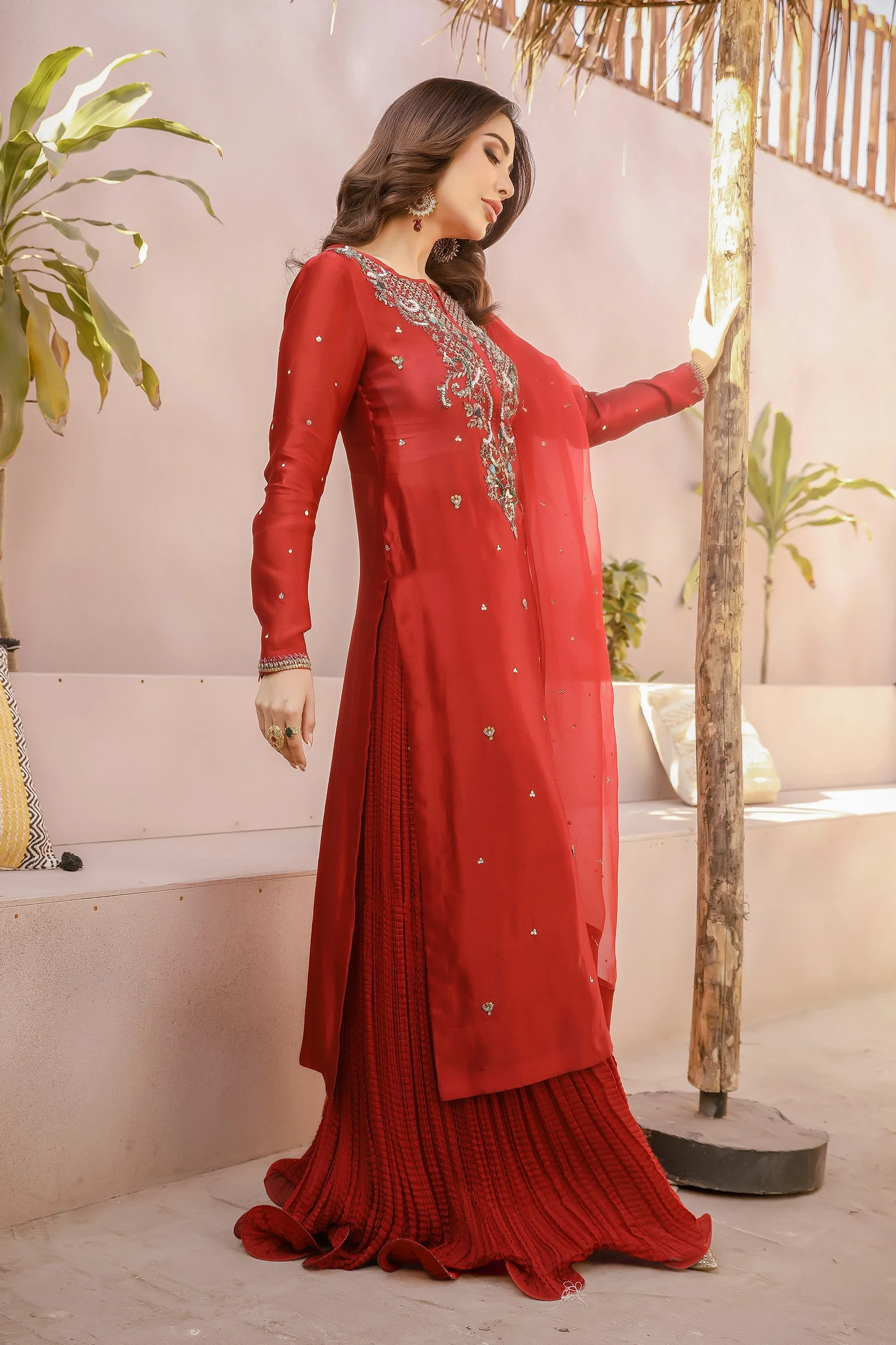 Arif Ashraf - ZEENAN - Deep Red - Tissue Silk and Organza and Crush Silk - 3 Piece