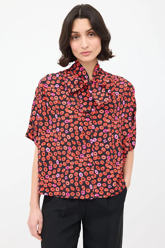 Black & Red Silk Printed Short Sleeve Shirt