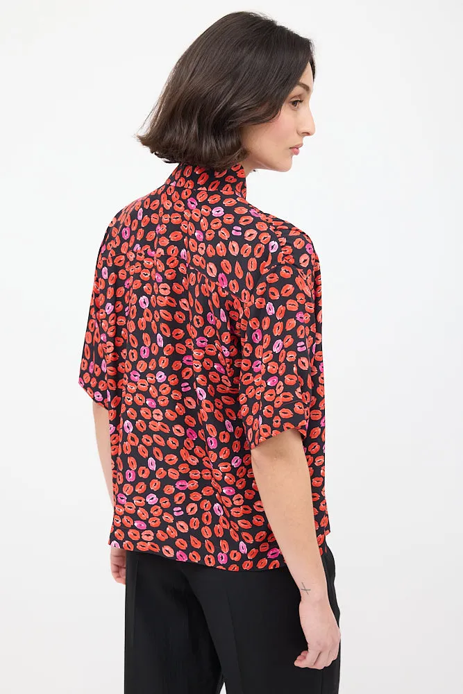 Black & Red Silk Printed Short Sleeve Shirt