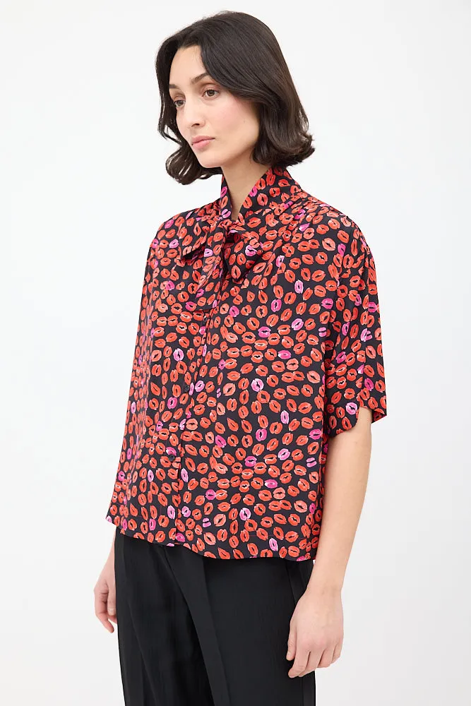 Black & Red Silk Printed Short Sleeve Shirt