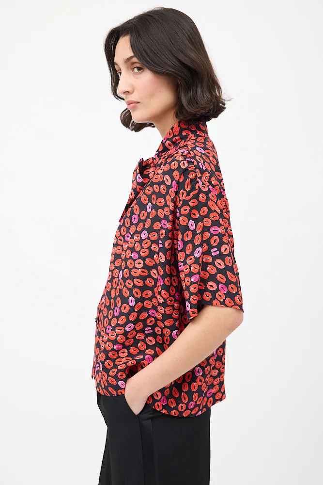 Black & Red Silk Printed Short Sleeve Shirt