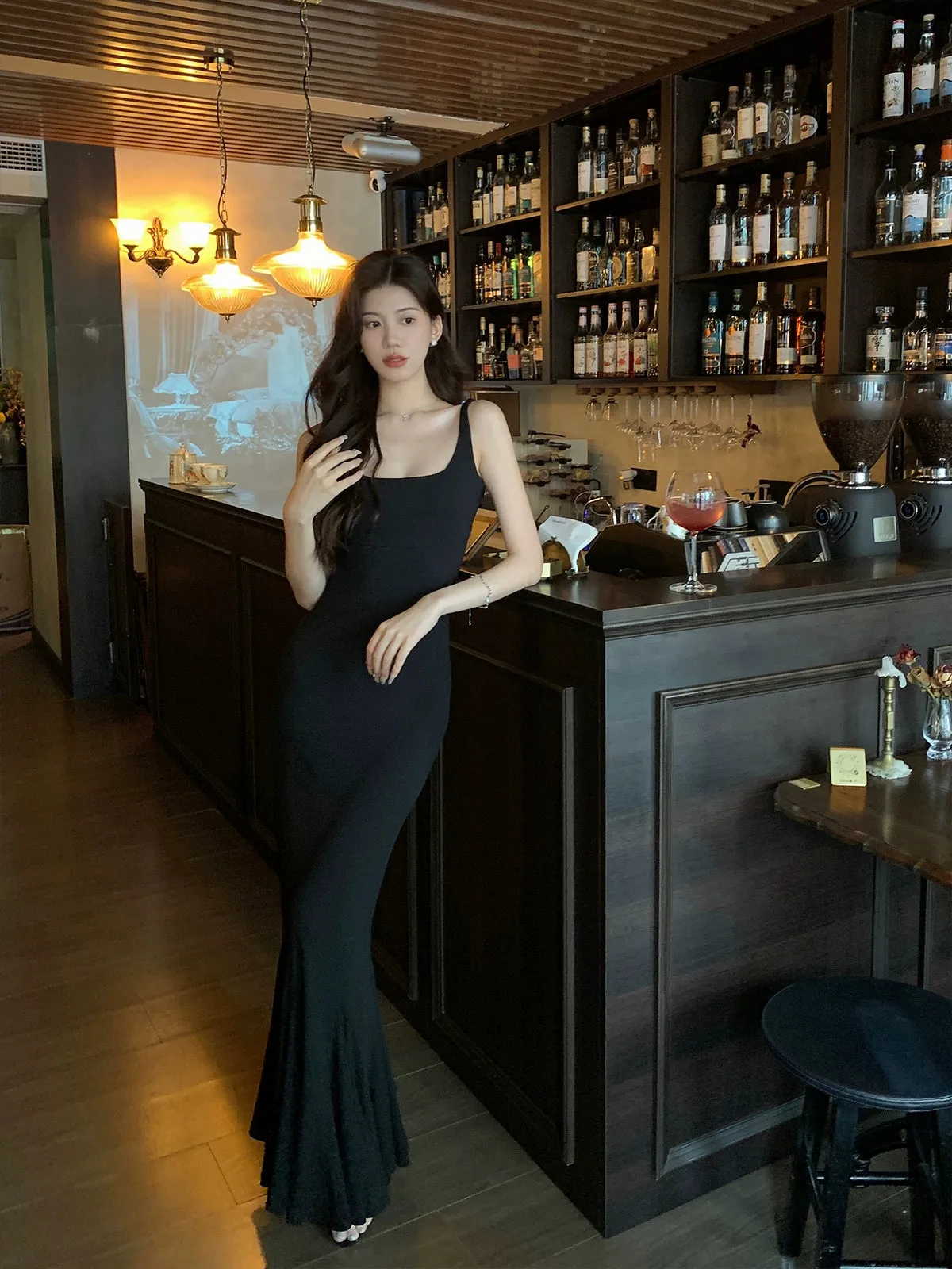 Black dress summer knitted mermaid suspender party dress     S5714