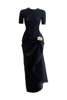 BLACK ORCHID STYLIZED WAIST-DIPPED SILK MIDI DRESS