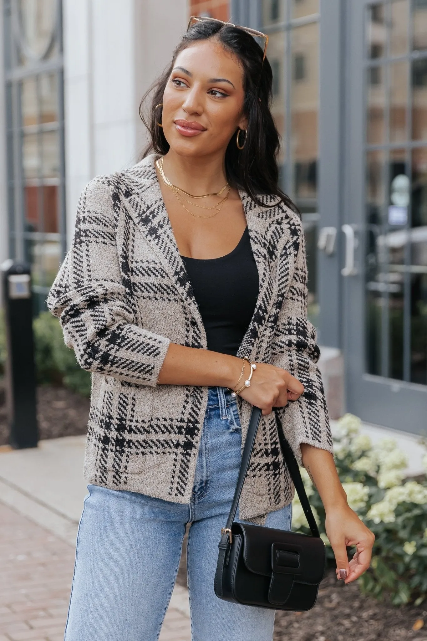 Black Plaid Button Up Sweater Jacket