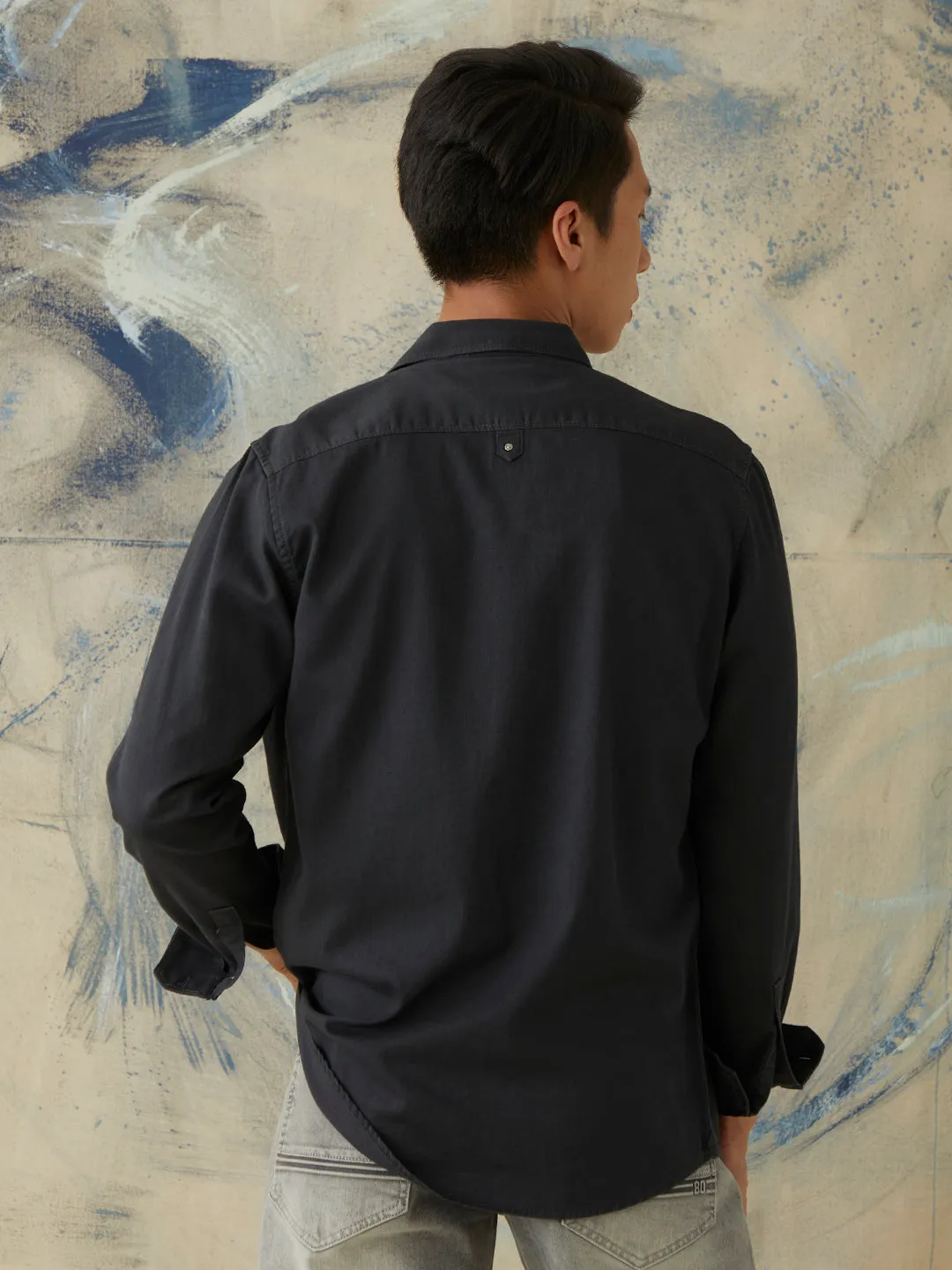 Black Plain Double Pocket Denim Shirt