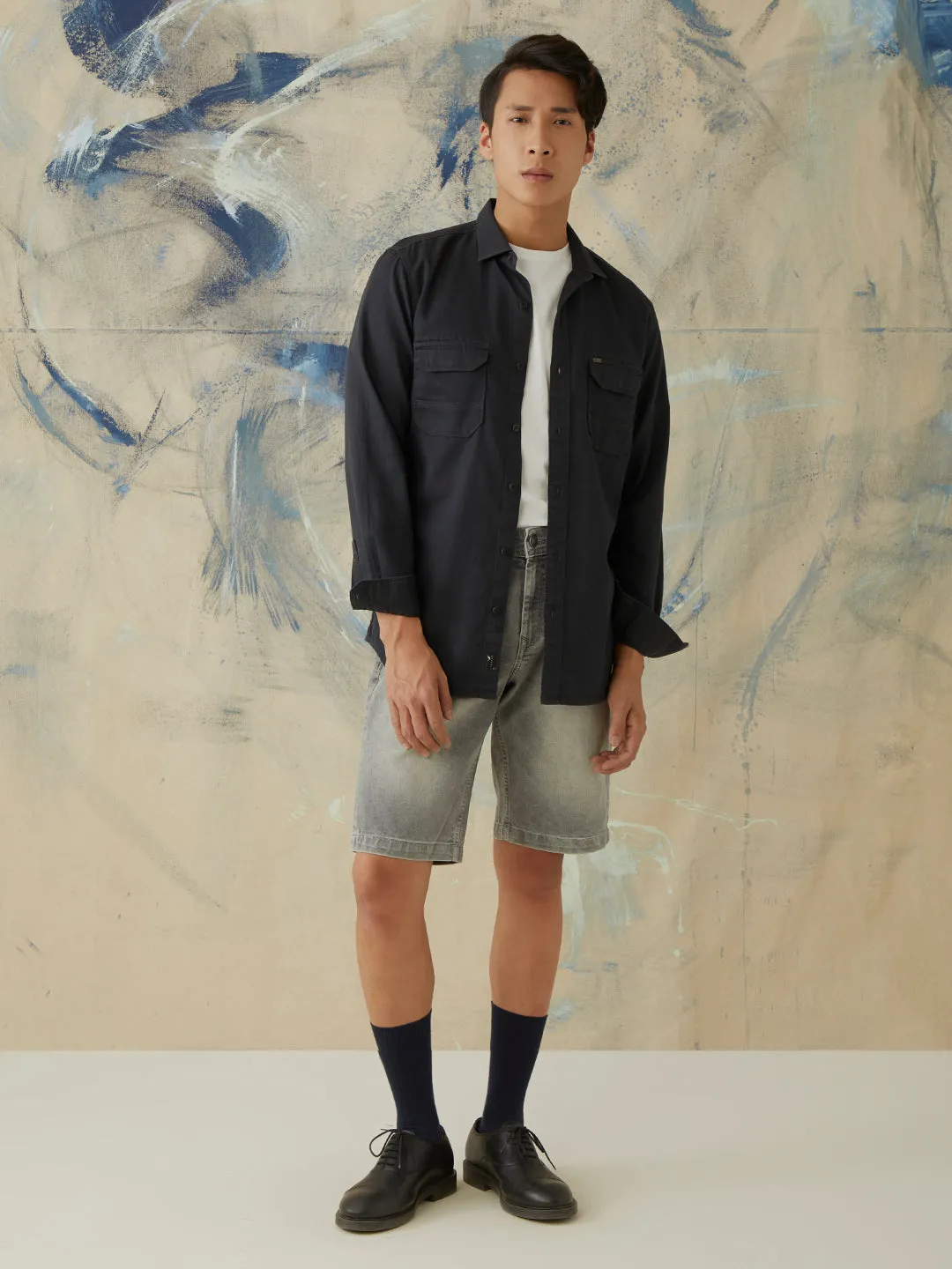 Black Plain Double Pocket Denim Shirt