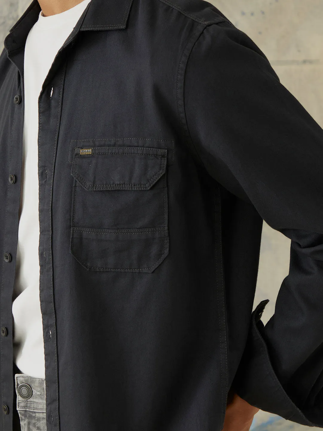 Black Plain Double Pocket Denim Shirt