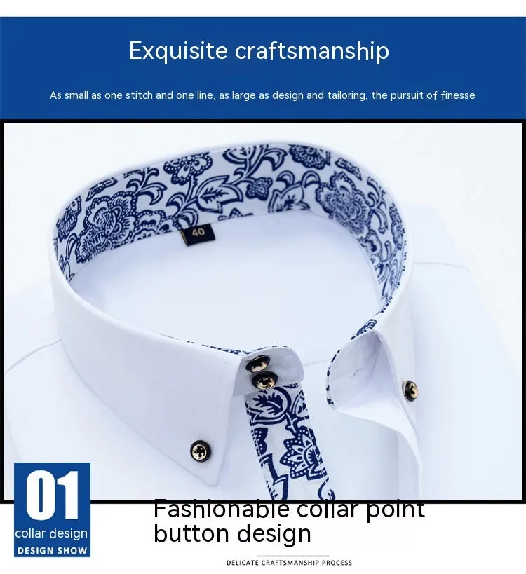 Blue And White Porcelain Collar Business Casual Long Sleeve Shirt Men