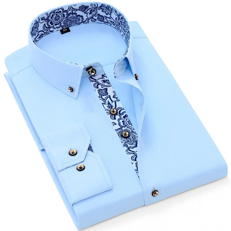 Blue And White Porcelain Collar Business Casual Long Sleeve Shirt Men