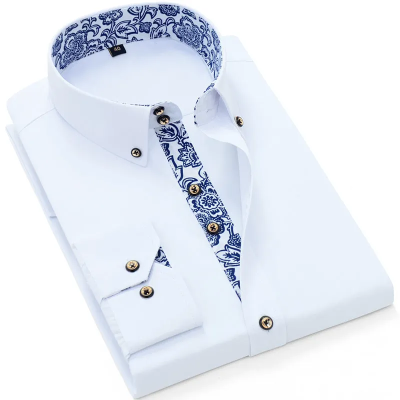 Blue And White Porcelain Collar Business Casual Long Sleeve Shirt Men