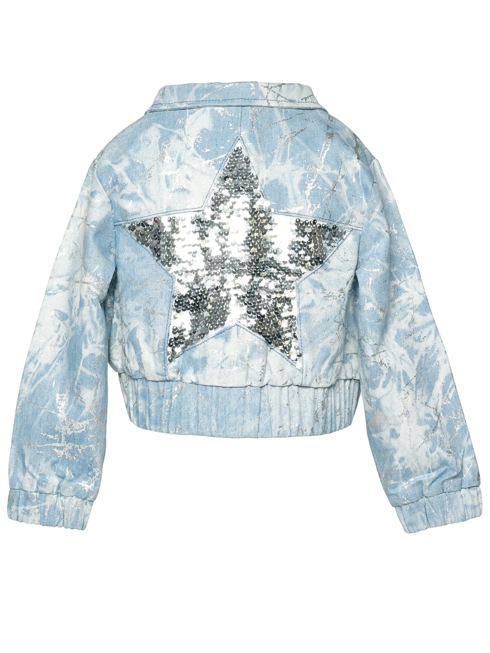 Blue Multi Metallic Print Denim Bomber Jacket w/Sequin Star Back