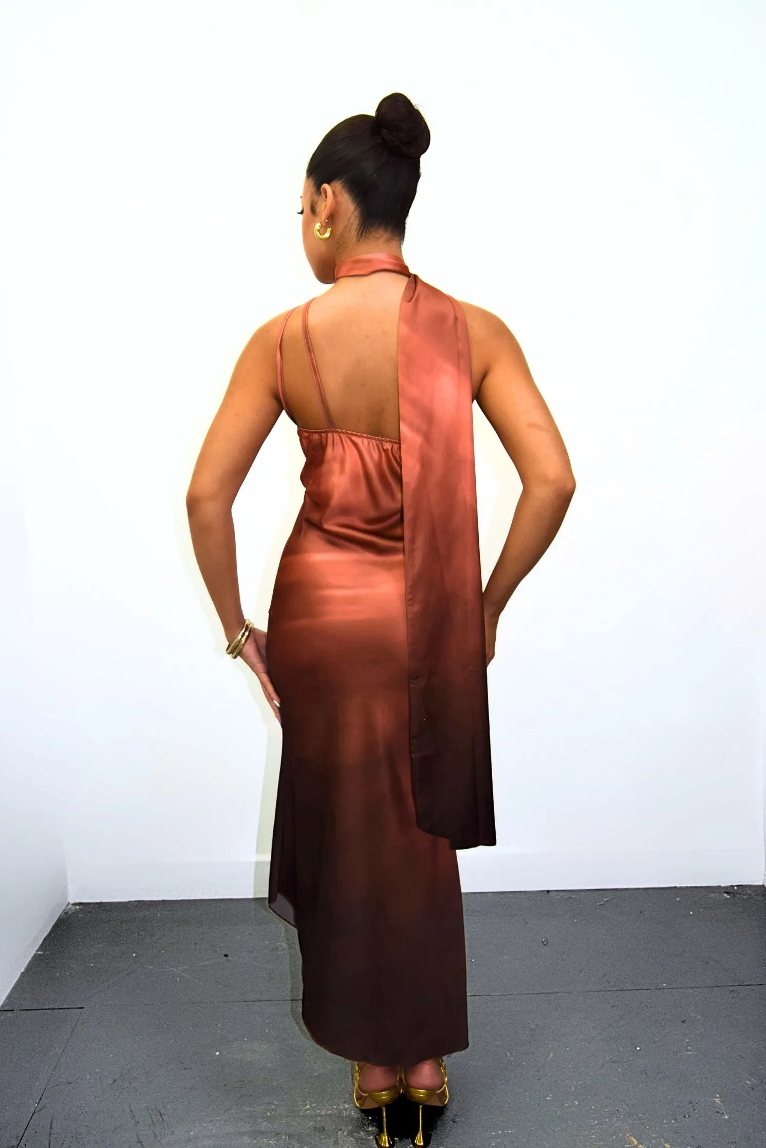 Brown Satin Ombre Asymmetrical Tie Neck Slip Dress