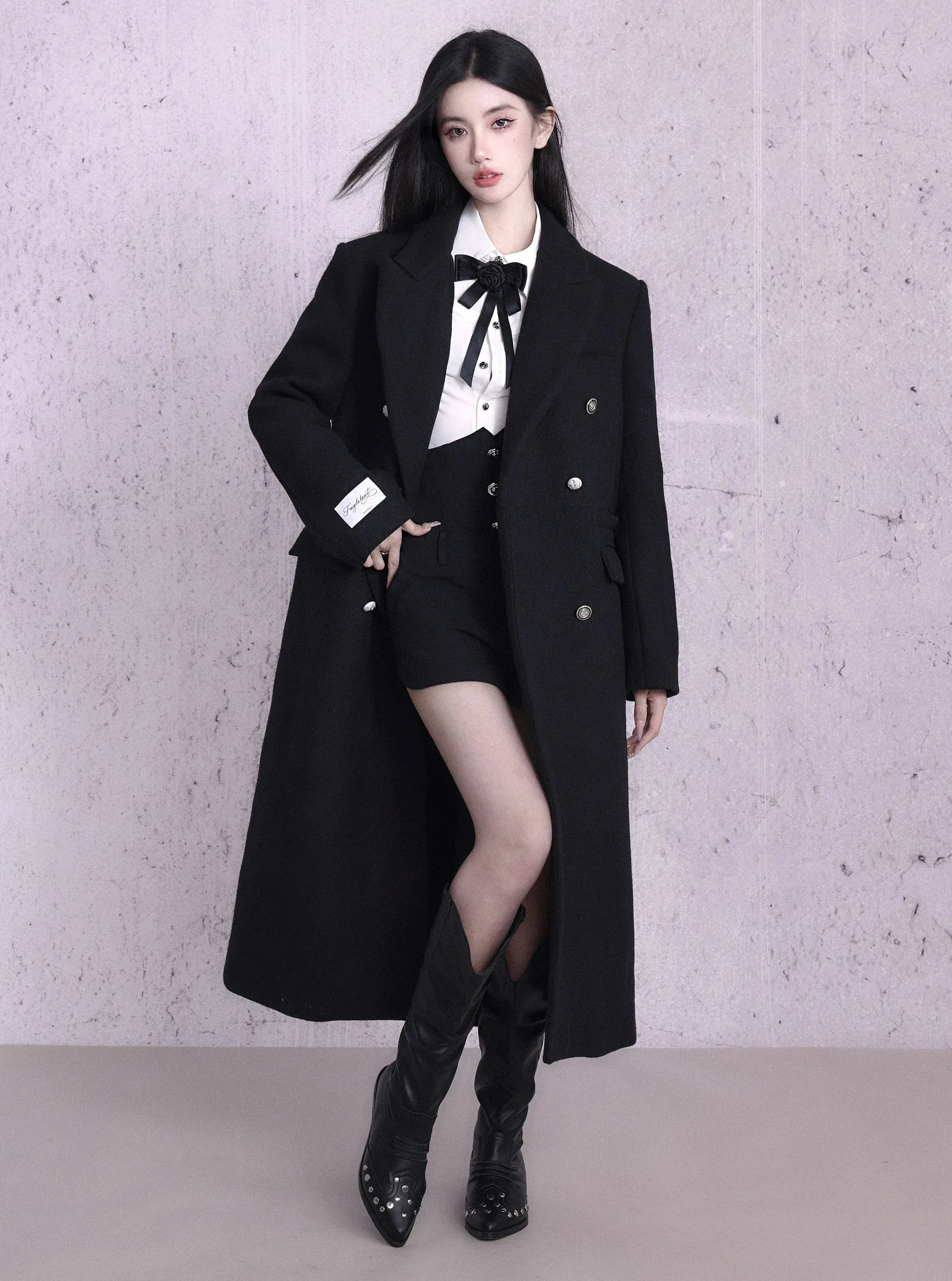 Classic Black Double-Breasted Longline Wool Coat with Silver Buttons