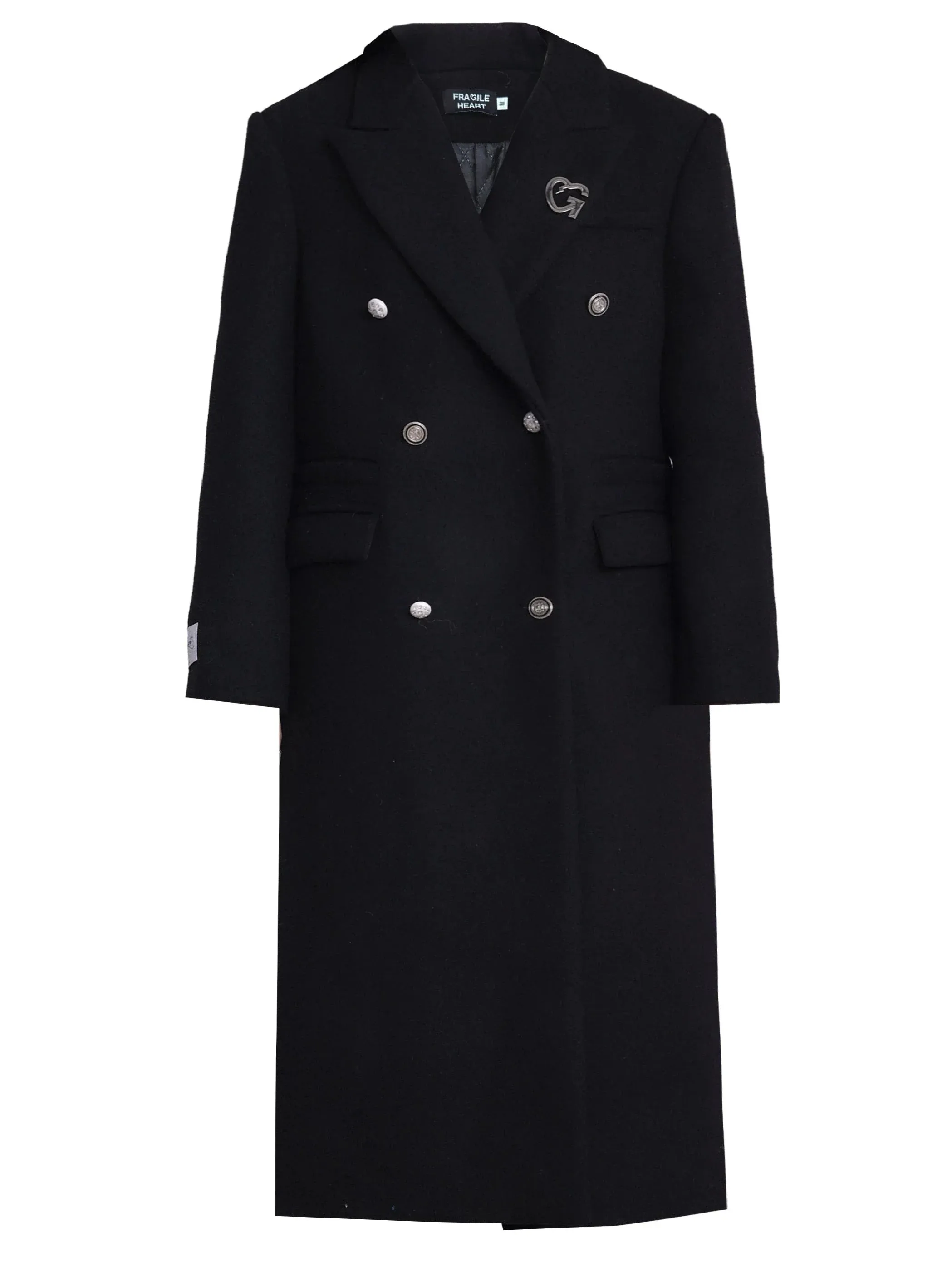 Classic Black Double-Breasted Longline Wool Coat with Silver Buttons