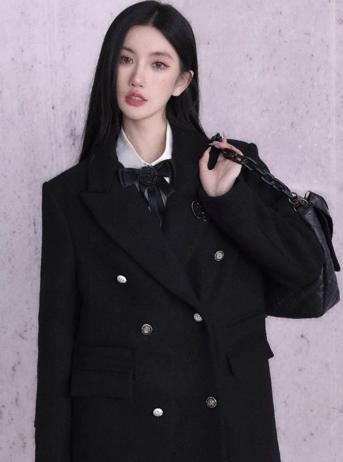 Classic Black Double-Breasted Longline Wool Coat with Silver Buttons