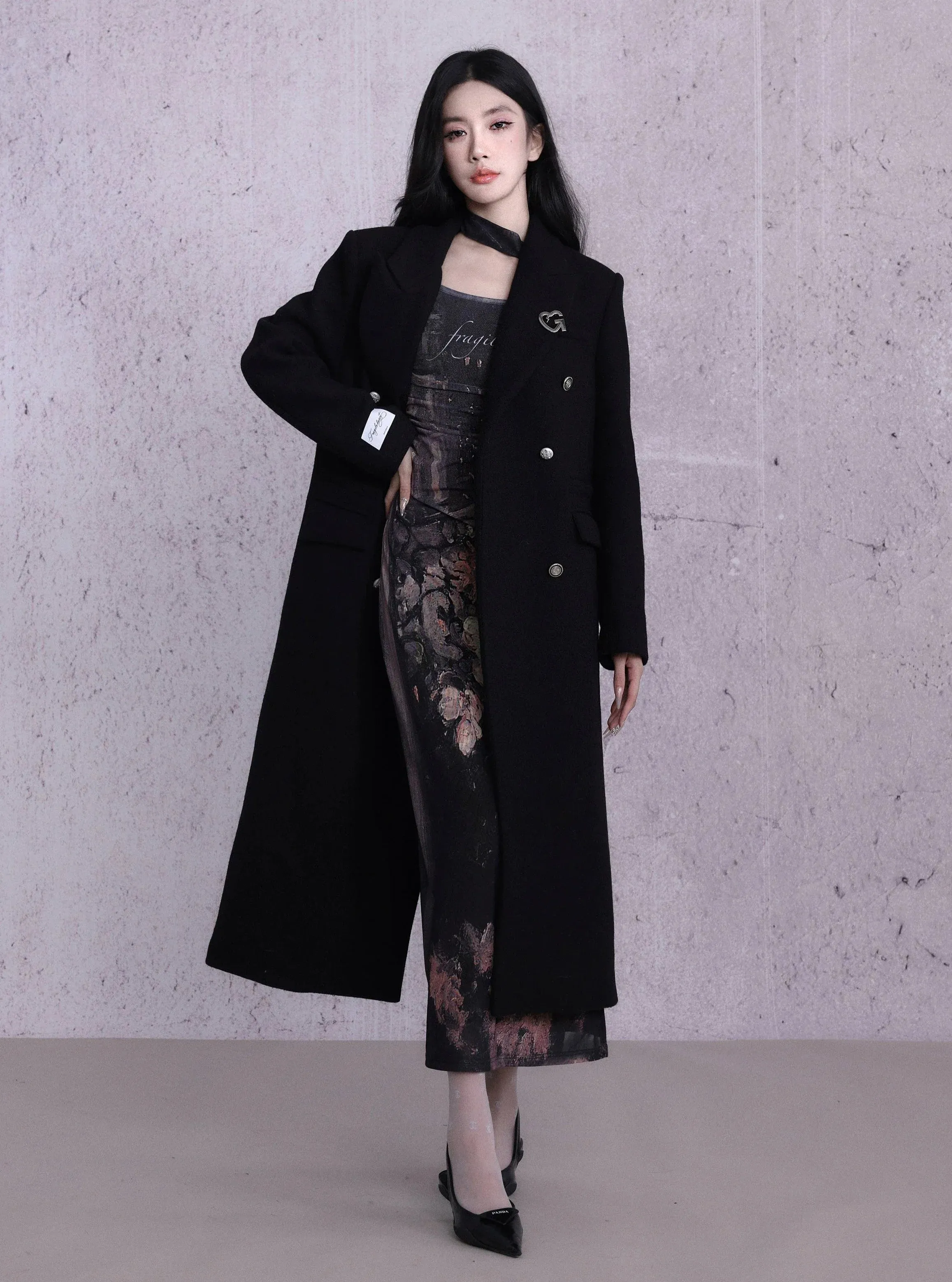 Classic Black Double-Breasted Longline Wool Coat with Silver Buttons