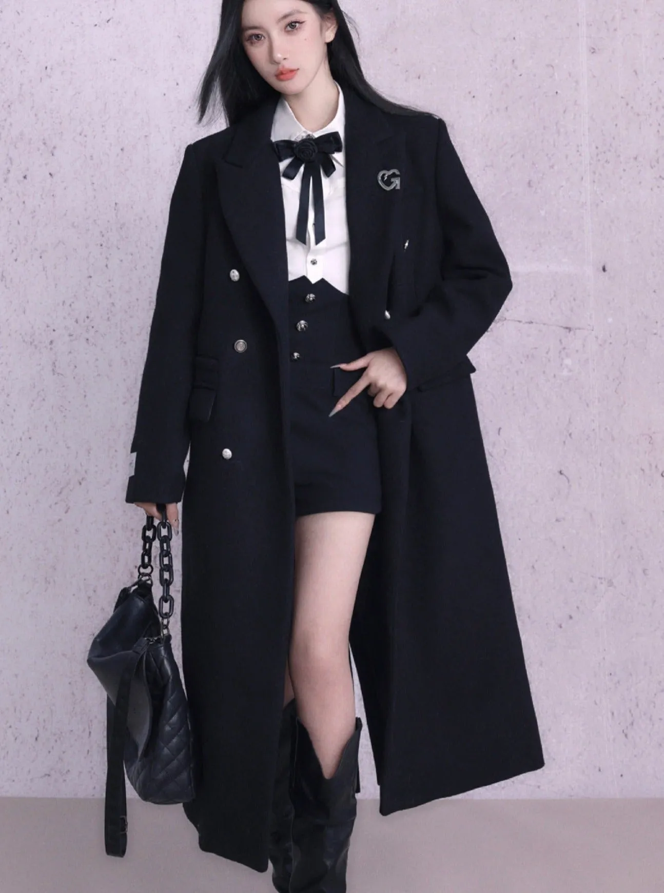 Classic Black Double-Breasted Longline Wool Coat with Silver Buttons