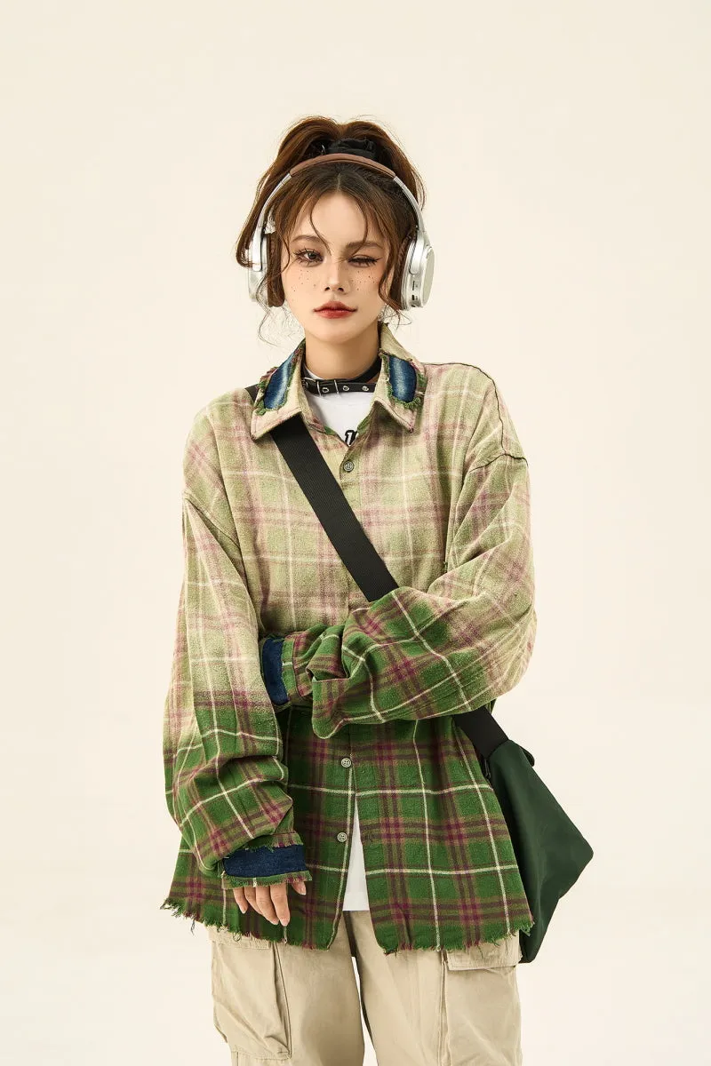 Color-Blocked Frayed Long Sleeve Shirt Loose Plaid Design