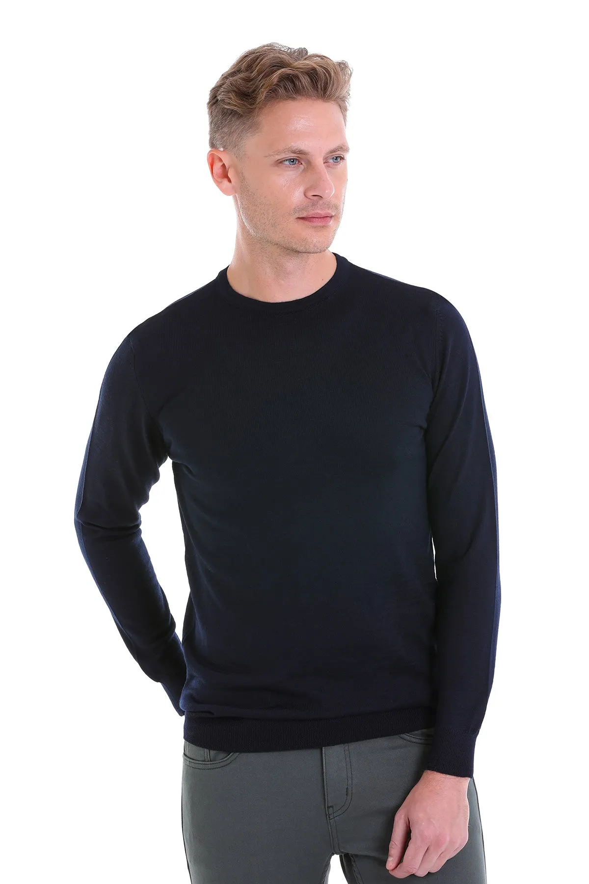 Comfort Fit Navy Wool Blend Crew Neck Sweater