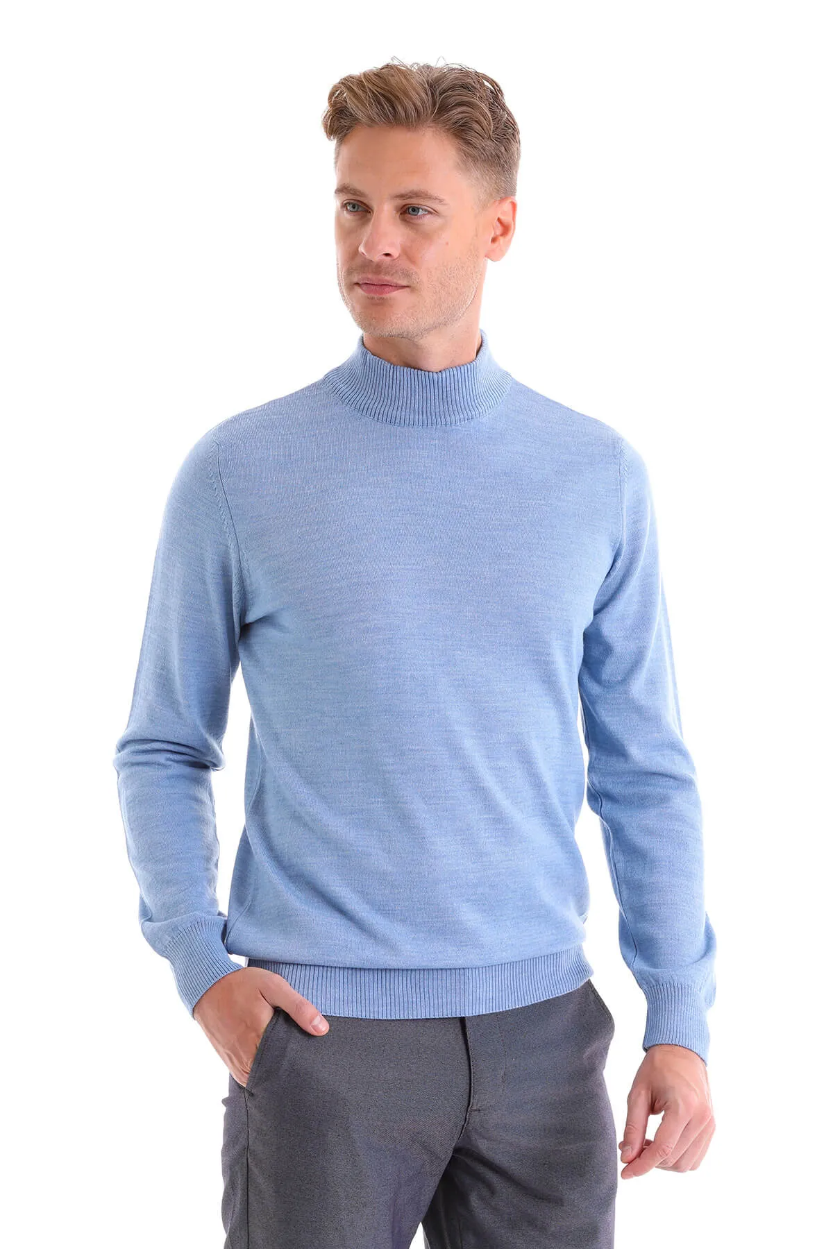 Comfort Fit Wool Blend Blue Mock Neck Sweater