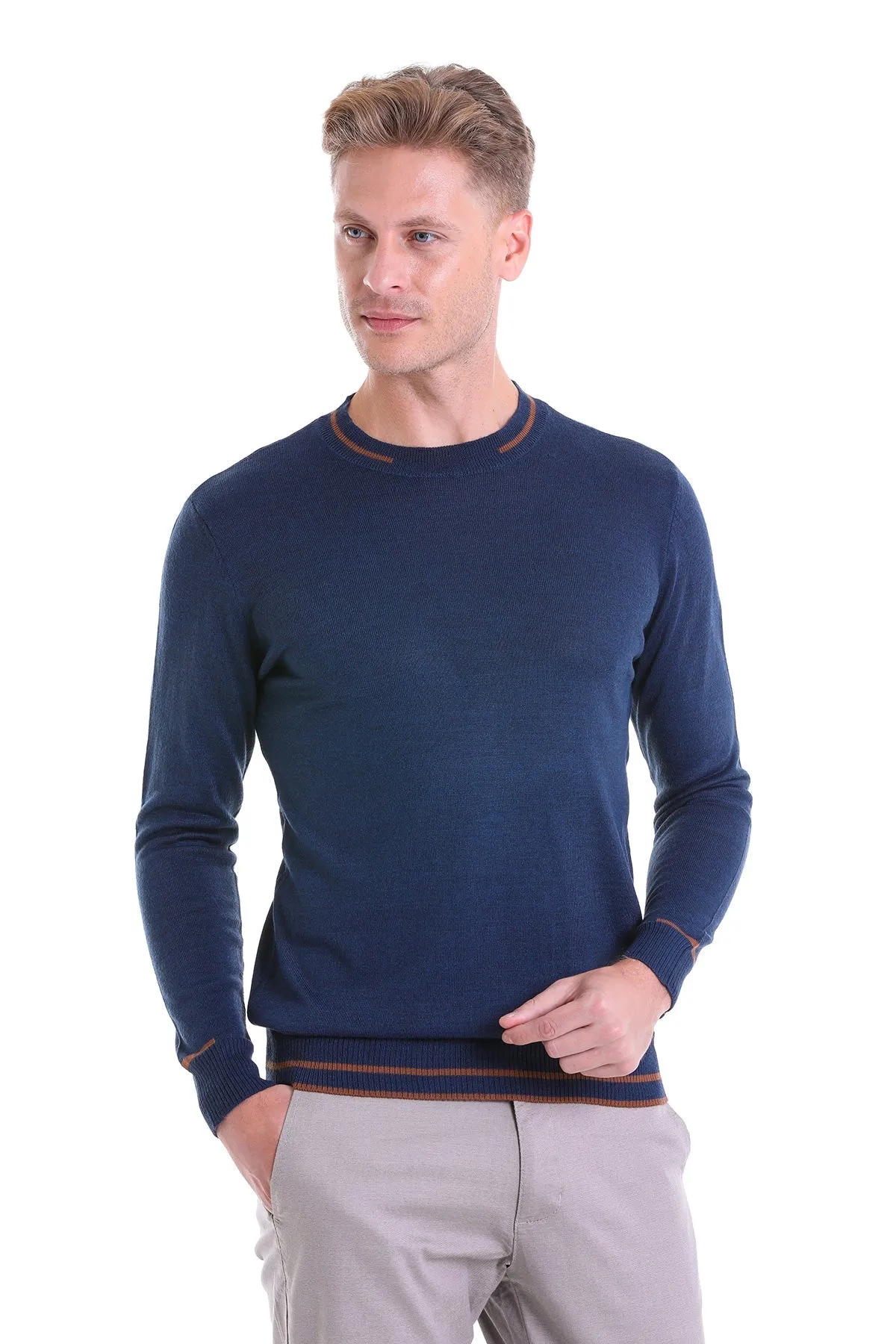 Comfort Fit Wool Blend Indigo Crewneck Sweater