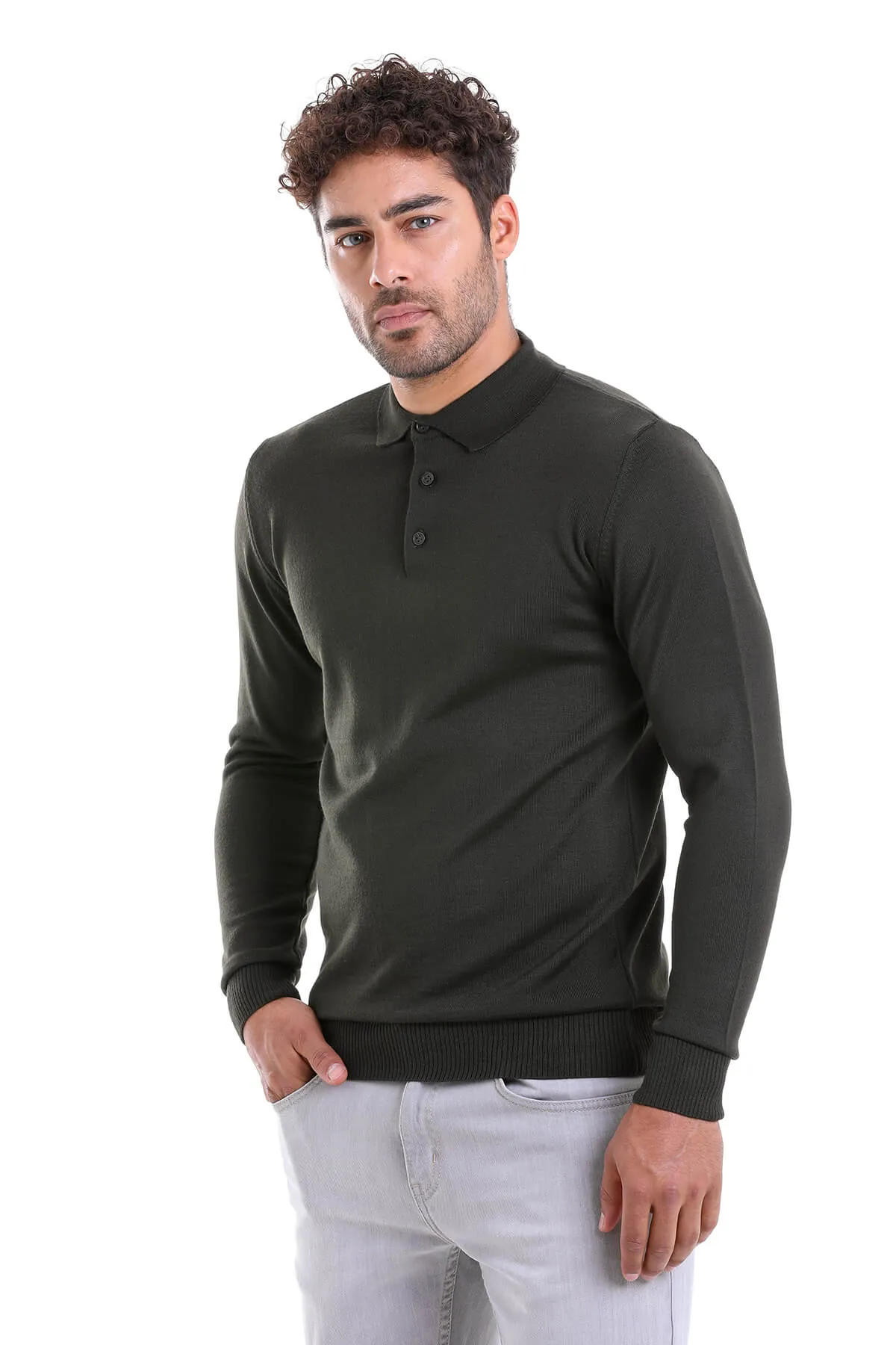 Comfort Fit Wool Blend Khaki Polo Sweater