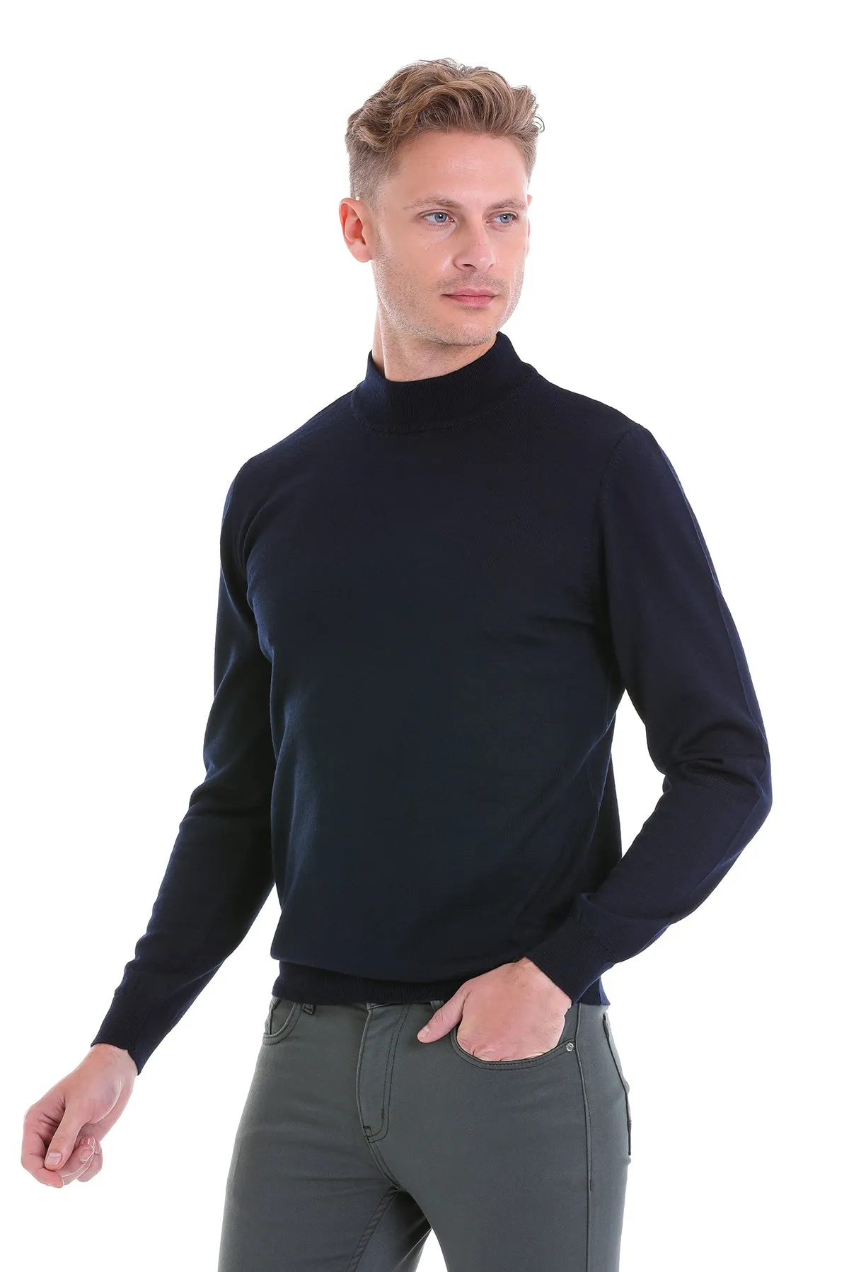 Comfort Fit Wool Blend Navy Mock Neck Sweater