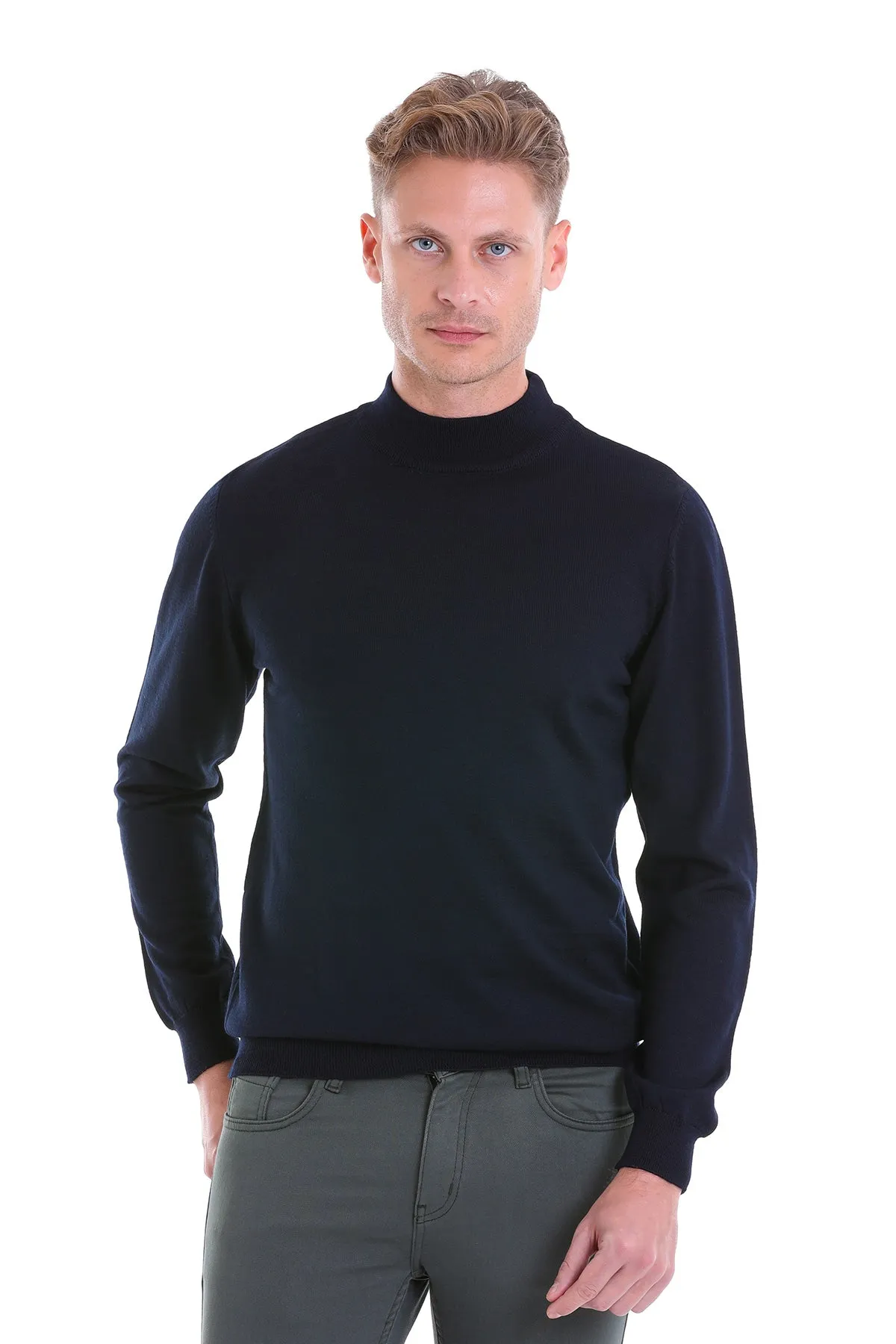 Comfort Fit Wool Blend Navy Mock Neck Sweater