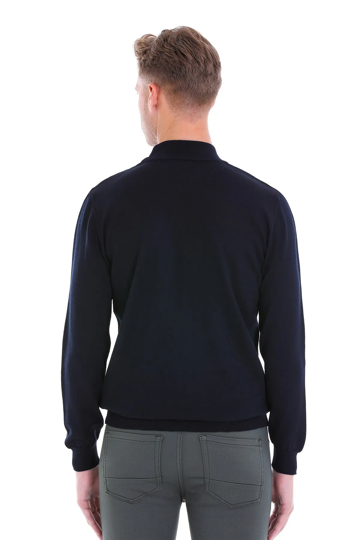 Comfort Fit Wool Blend Navy Mock Neck Sweater