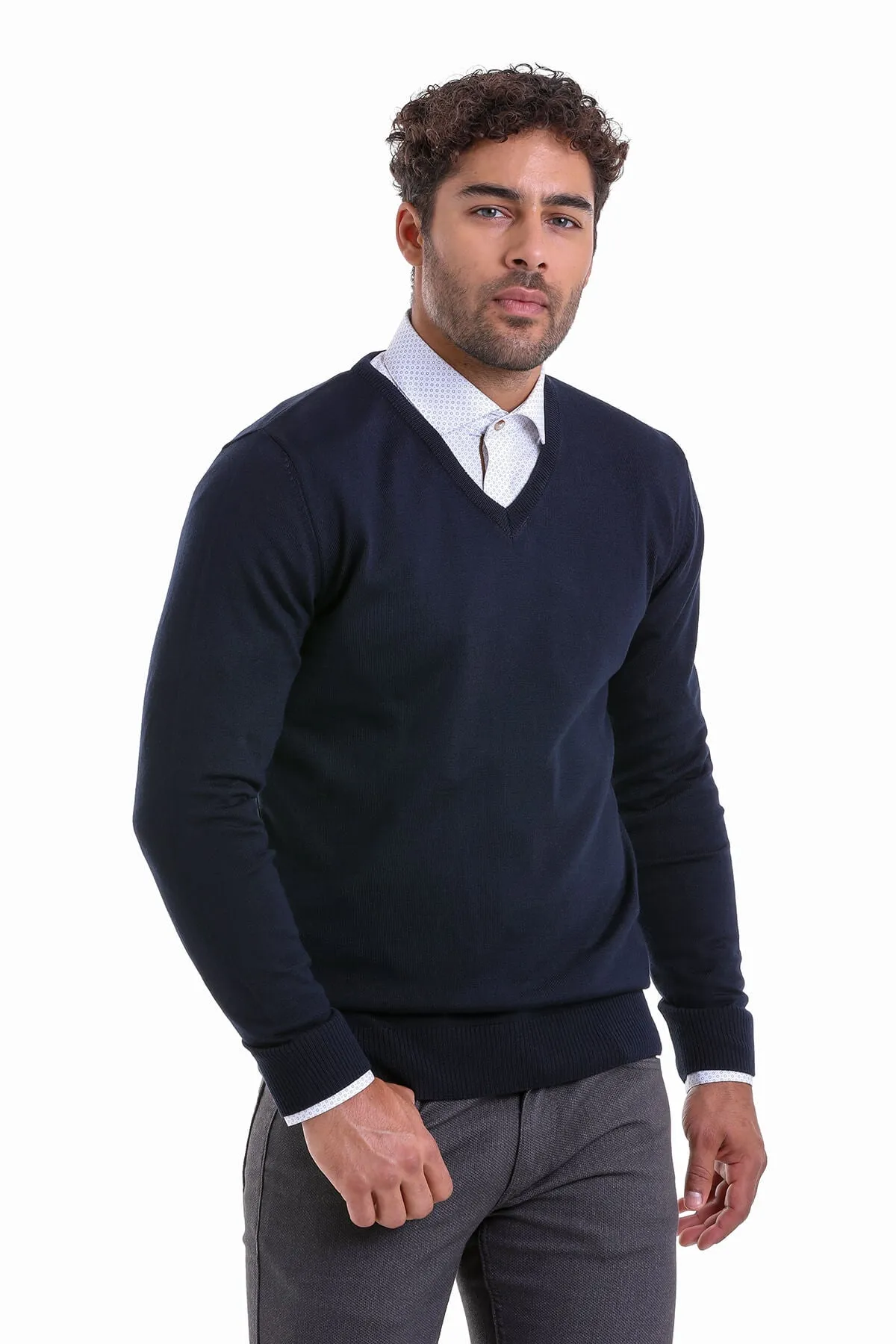 Comfort Fit Wool Blend Navy V-Neck Sweater