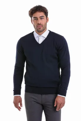 Comfort Fit Wool Blend Navy V-Neck Sweater