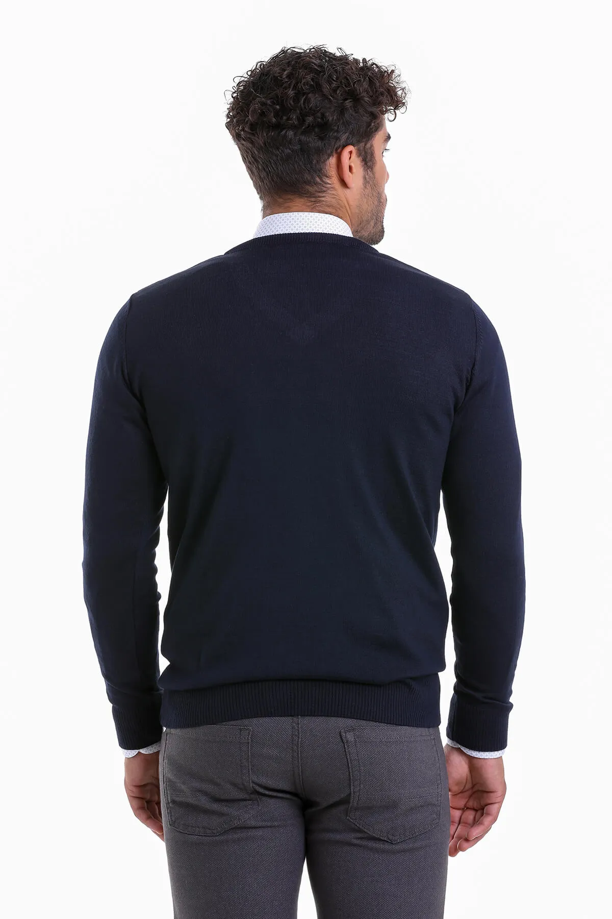 Comfort Fit Wool Blend Navy V-Neck Sweater