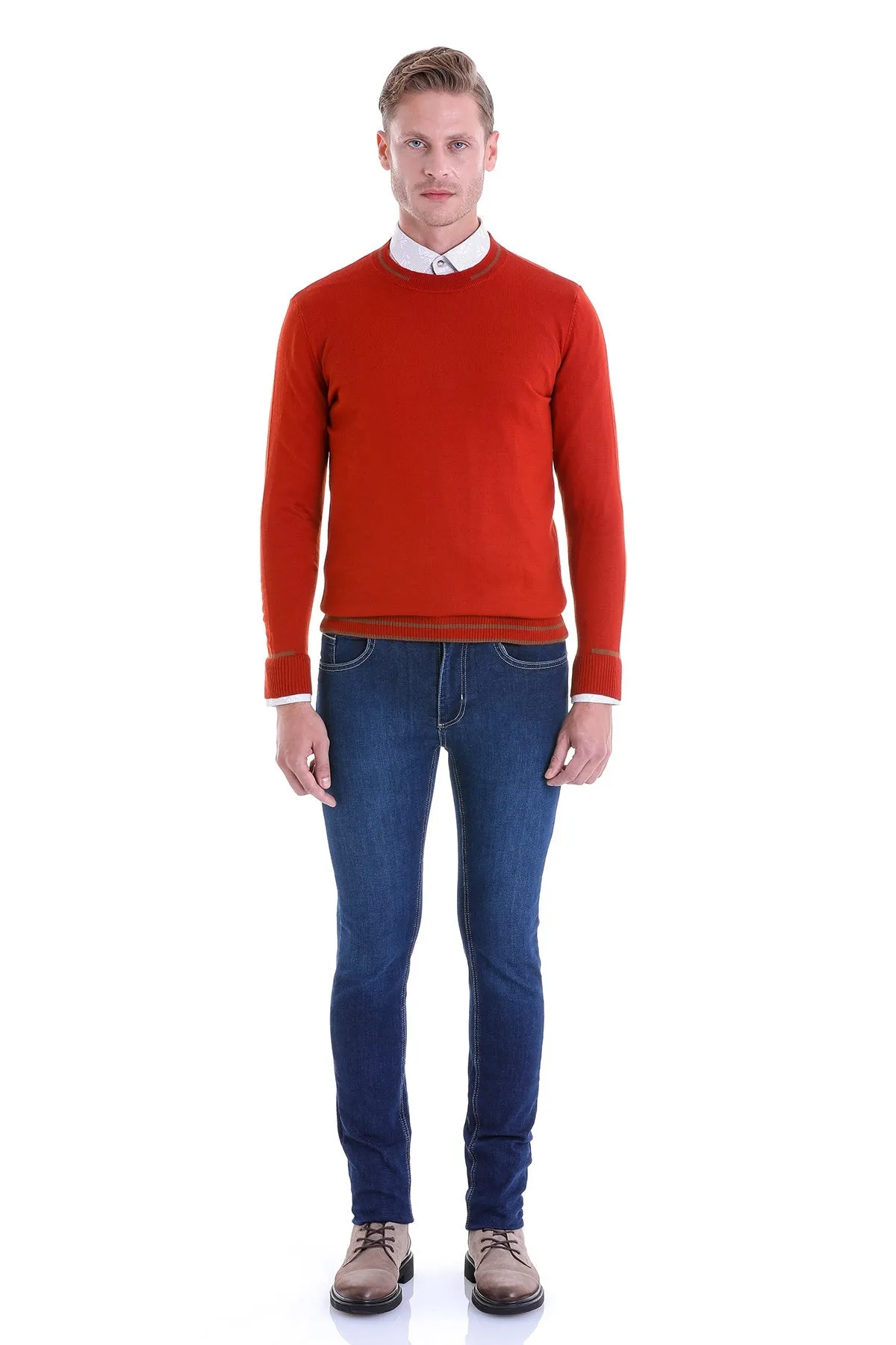 Comfort Fit Wool Blend Orange Crewneck Sweater