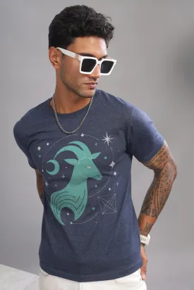 Cosmic Capricorn Denim Blue Half Sleeve Printed Round Neck T-Shirt