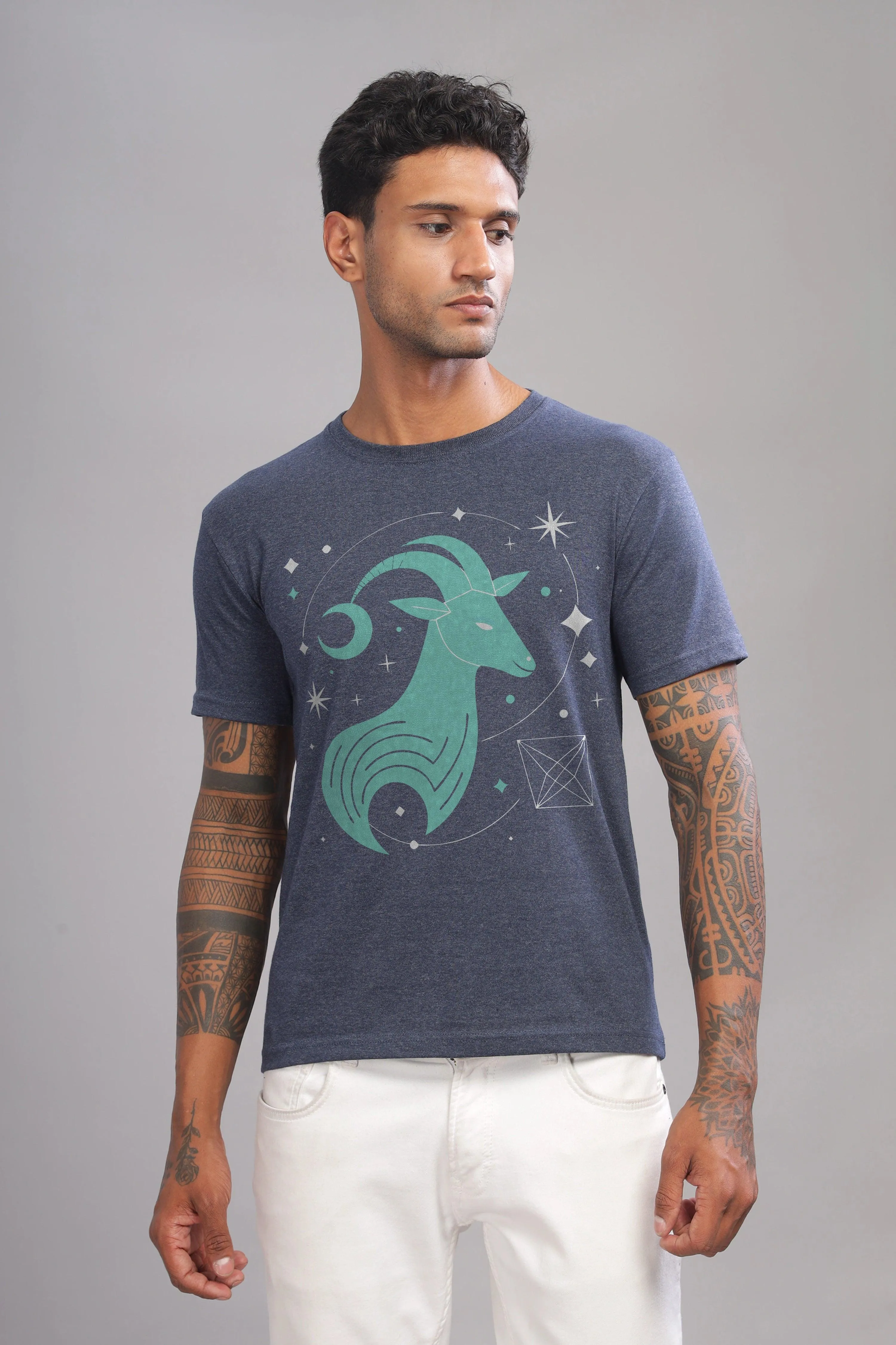 Cosmic Capricorn Denim Blue Half Sleeve Printed Round Neck T-Shirt