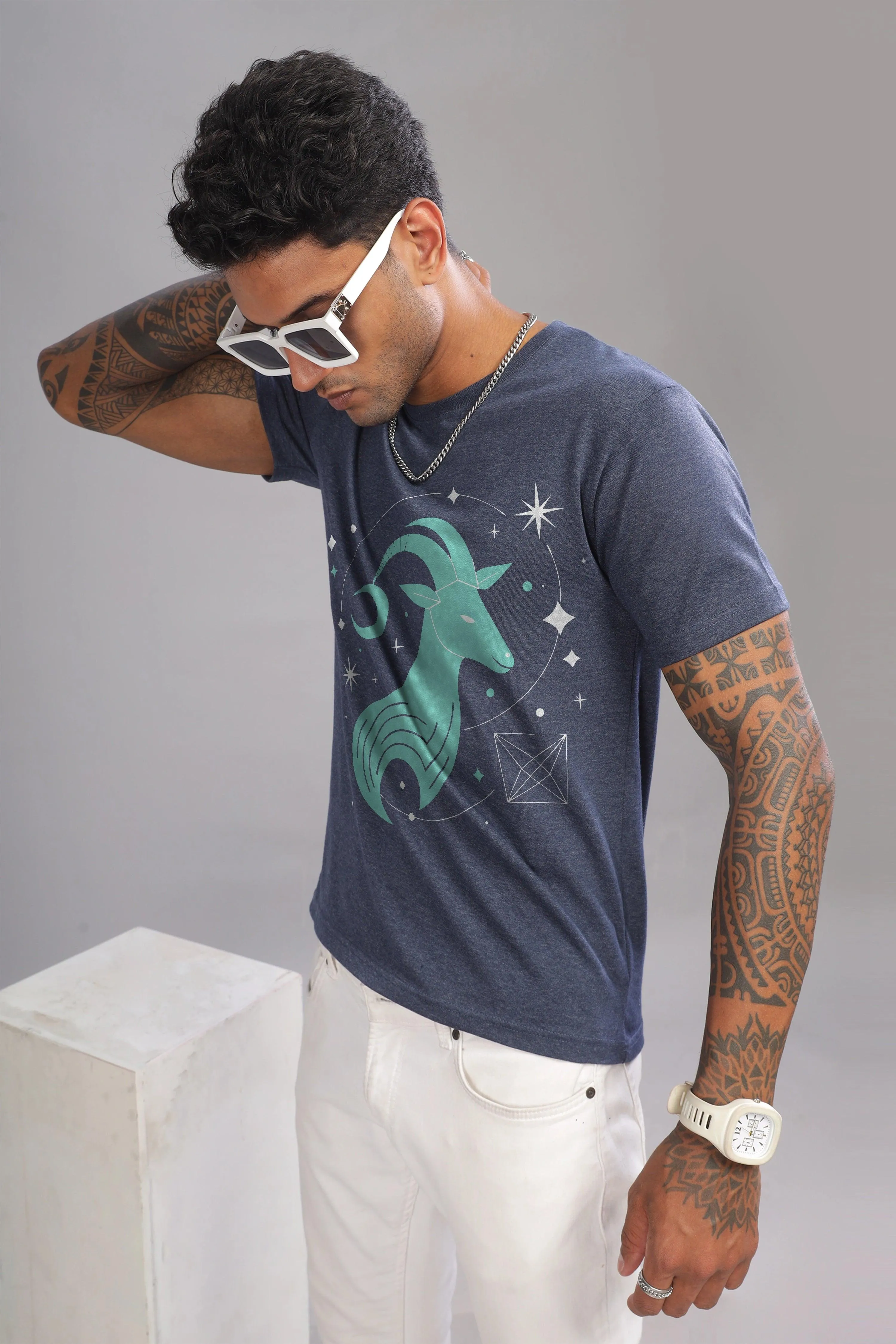 Cosmic Capricorn Denim Blue Half Sleeve Printed Round Neck T-Shirt