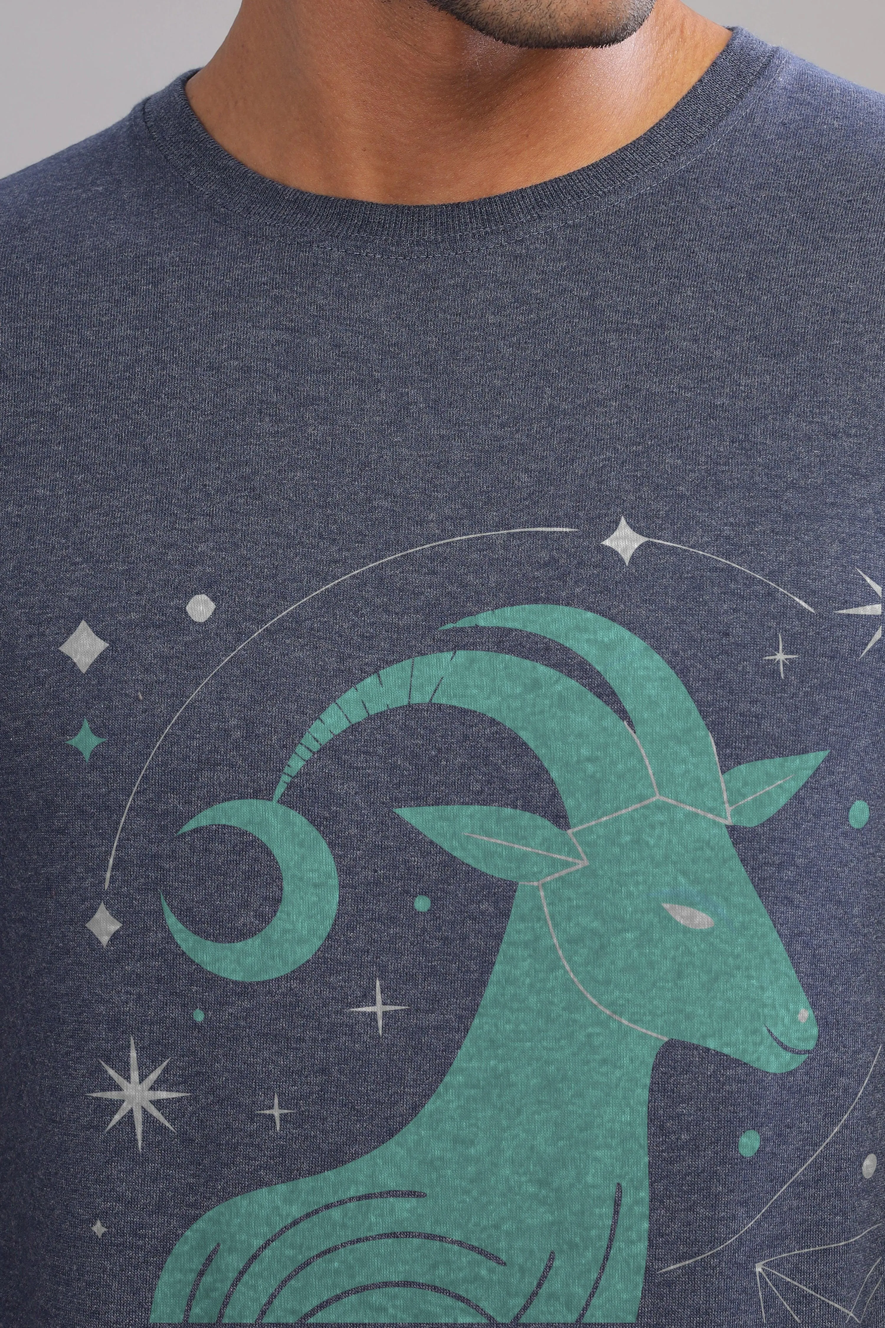 Cosmic Capricorn Denim Blue Half Sleeve Printed Round Neck T-Shirt