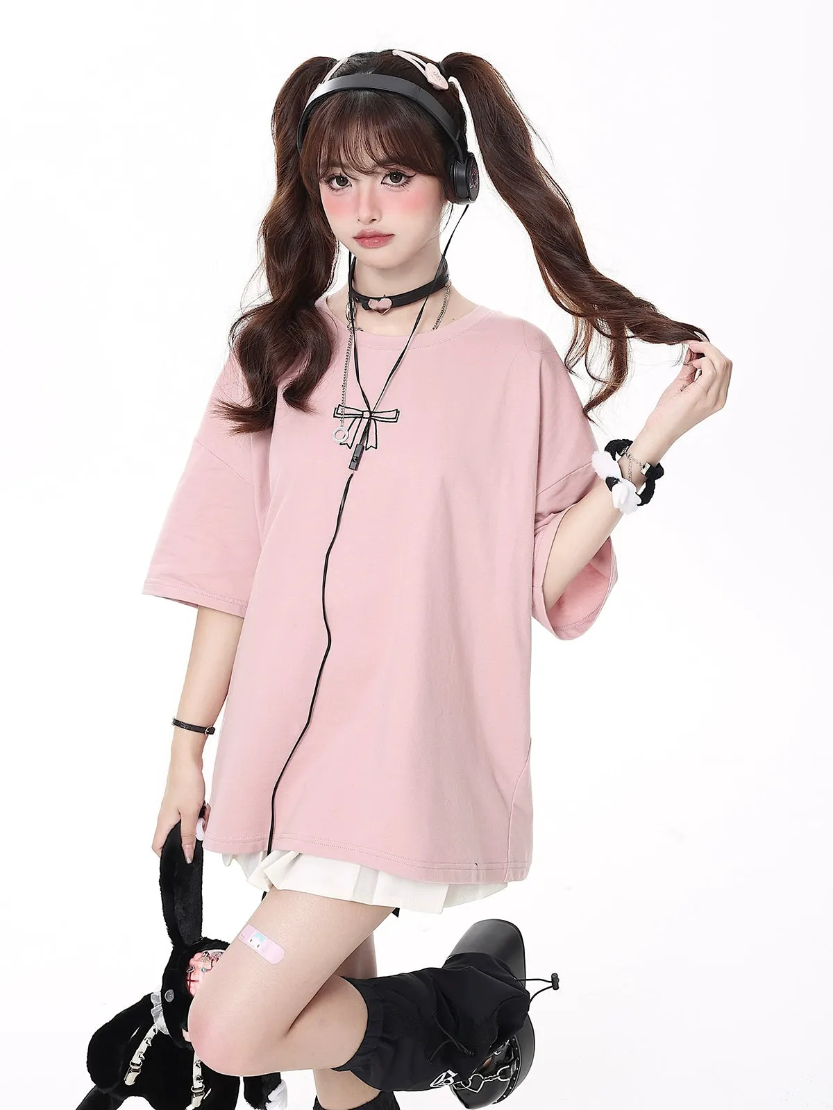 Crazygirl Kawaii Code Bow Tie Loose T-Shirt