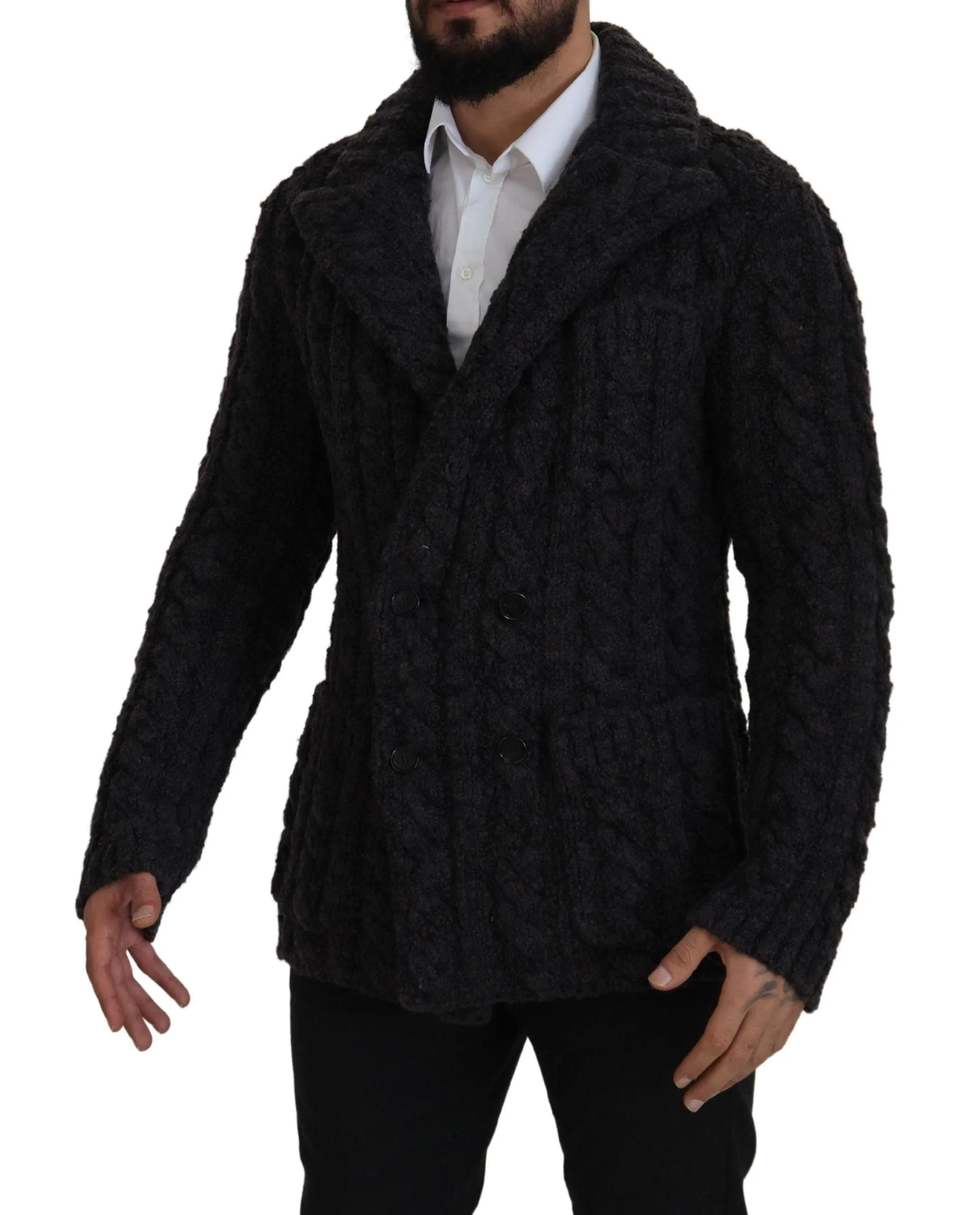 Dolce & Gabbana Black Wool Knit Double Breasted Coat Jacket