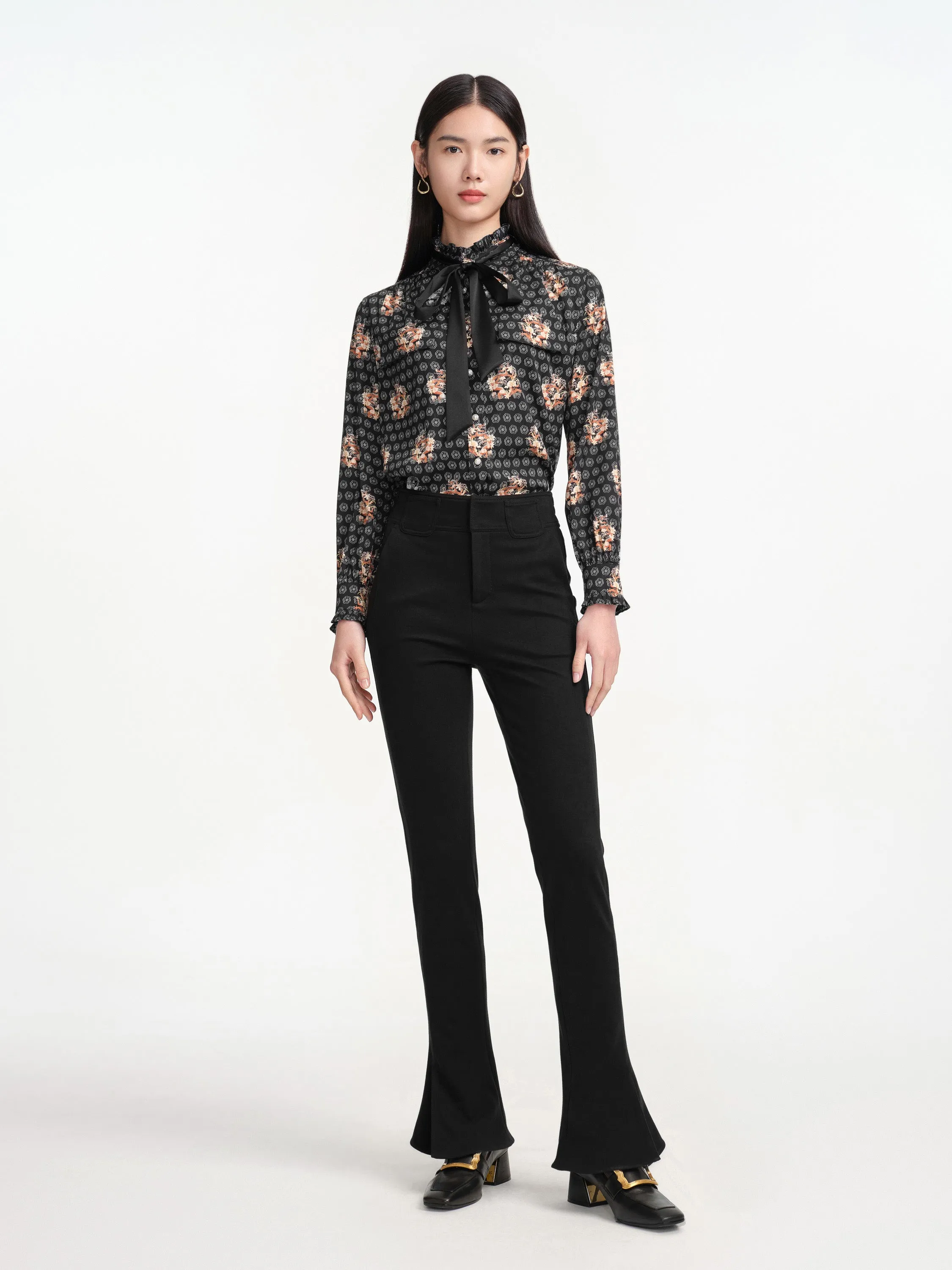 EP YAYING Bow High-Neck Printed Shirt