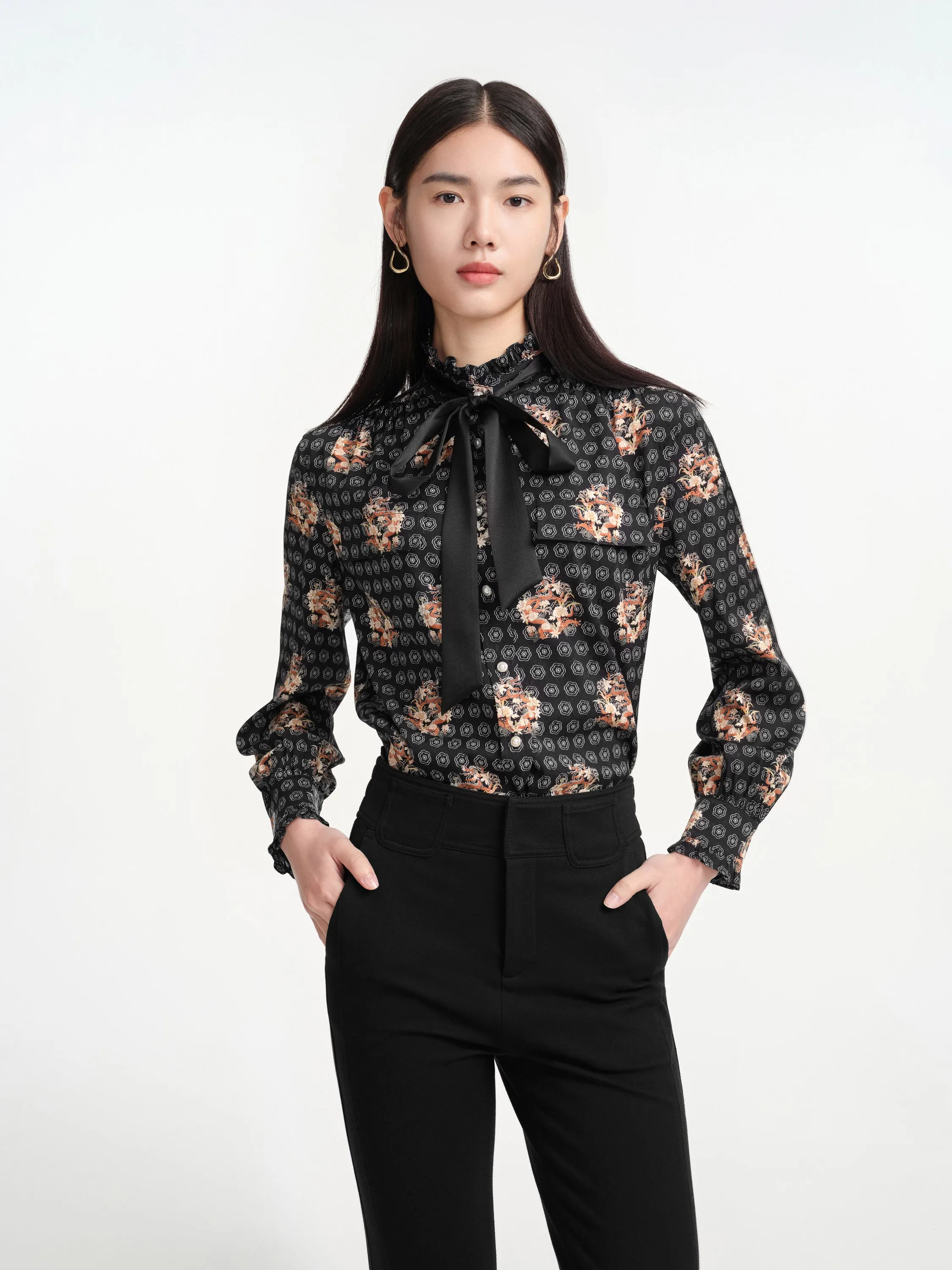 EP YAYING Bow High-Neck Printed Shirt