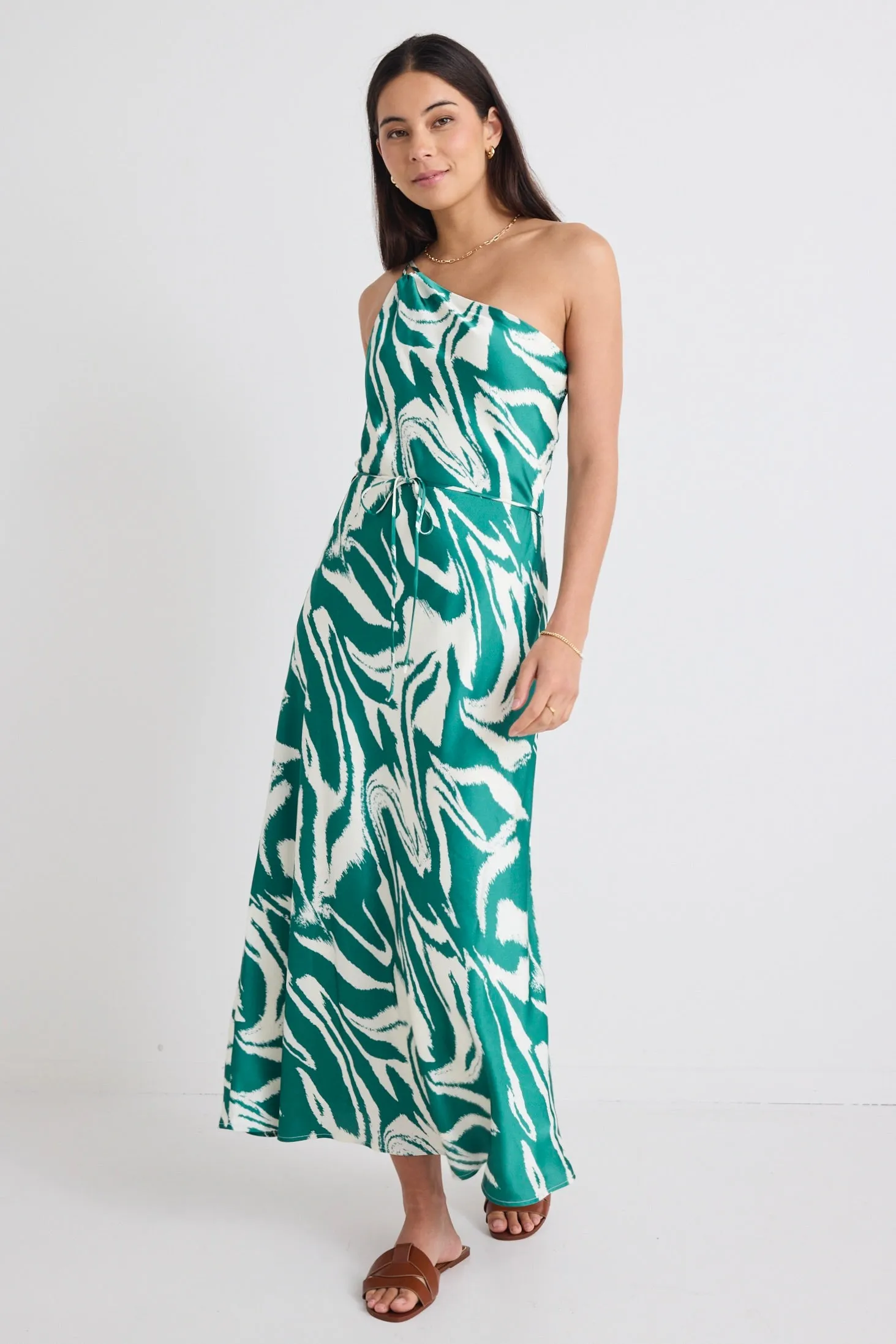 Fame Green Zebra Satin One Shoulder Bias Slip Dress