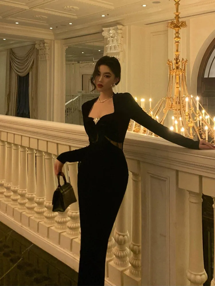 French Hepburn style velvet dress backless slit long dress party dress     S5696