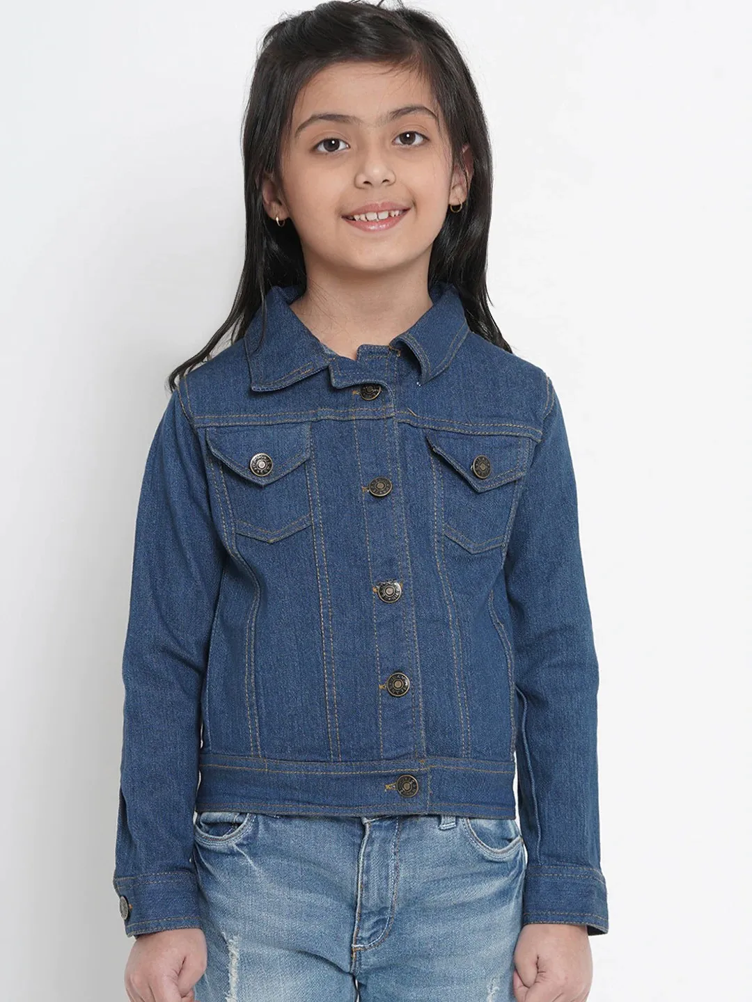 Girls Blue Solid Denim Jacket