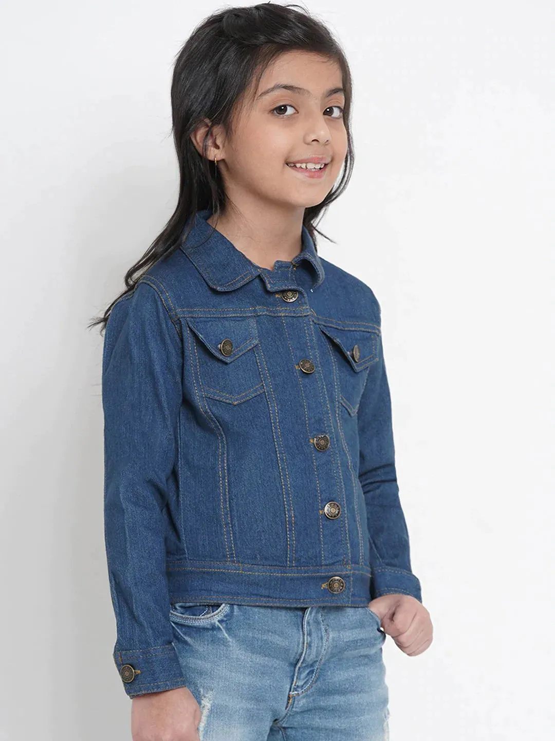 Girls Blue Solid Denim Jacket