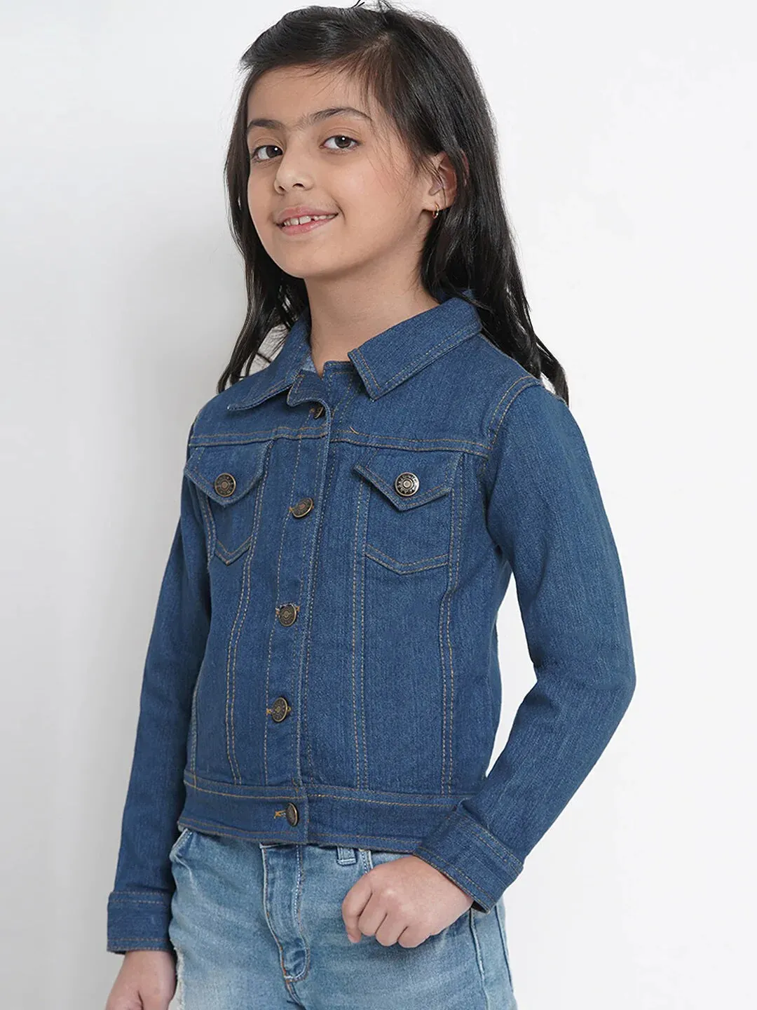 Girls Blue Solid Denim Jacket