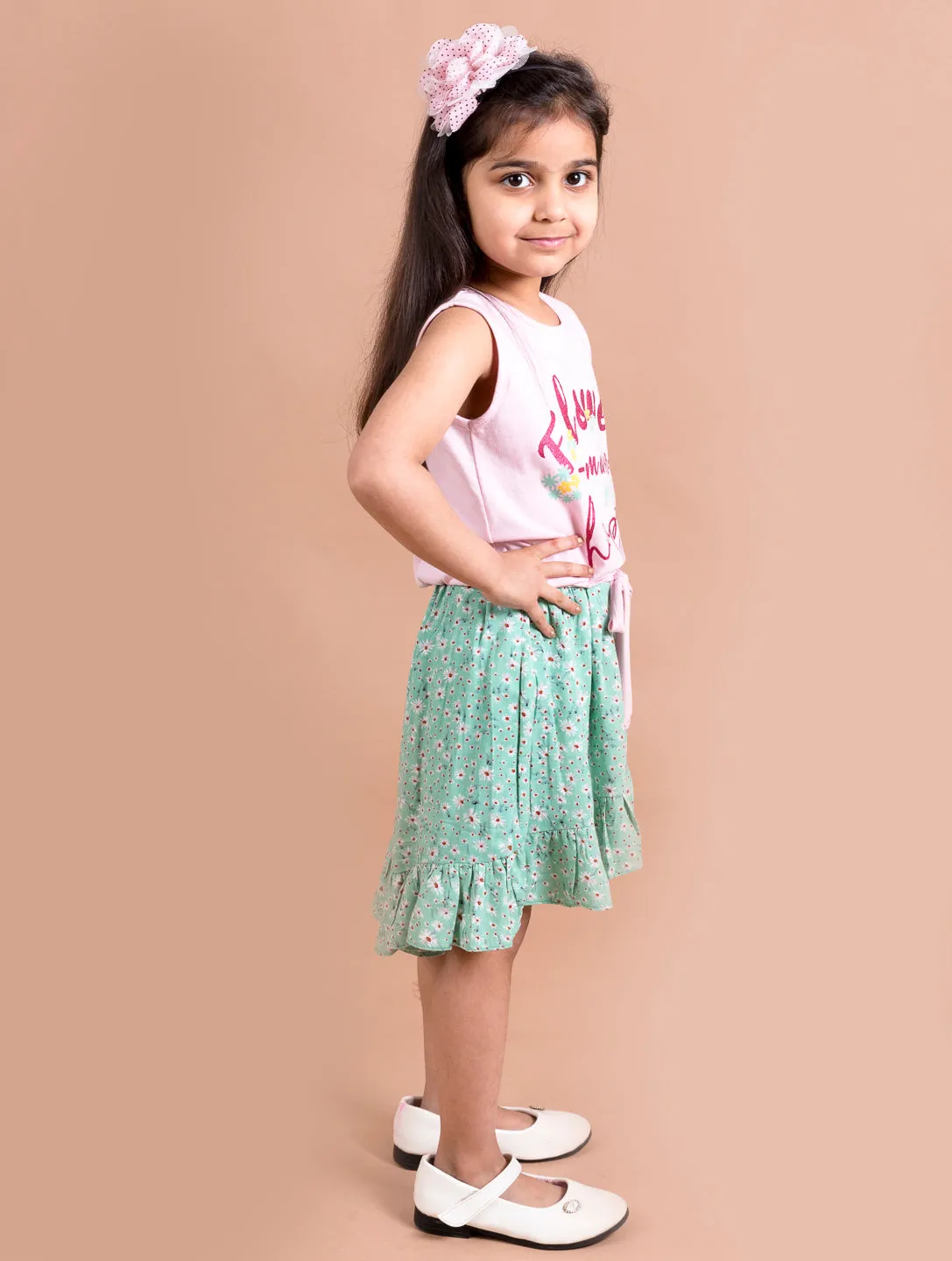 Girls Green Pink Printed T-Shirt With Skirt - Ps Peaches