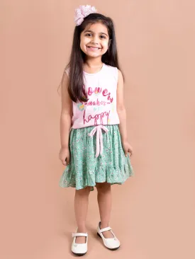 Girls Green Pink Printed T-Shirt With Skirt - Ps Peaches